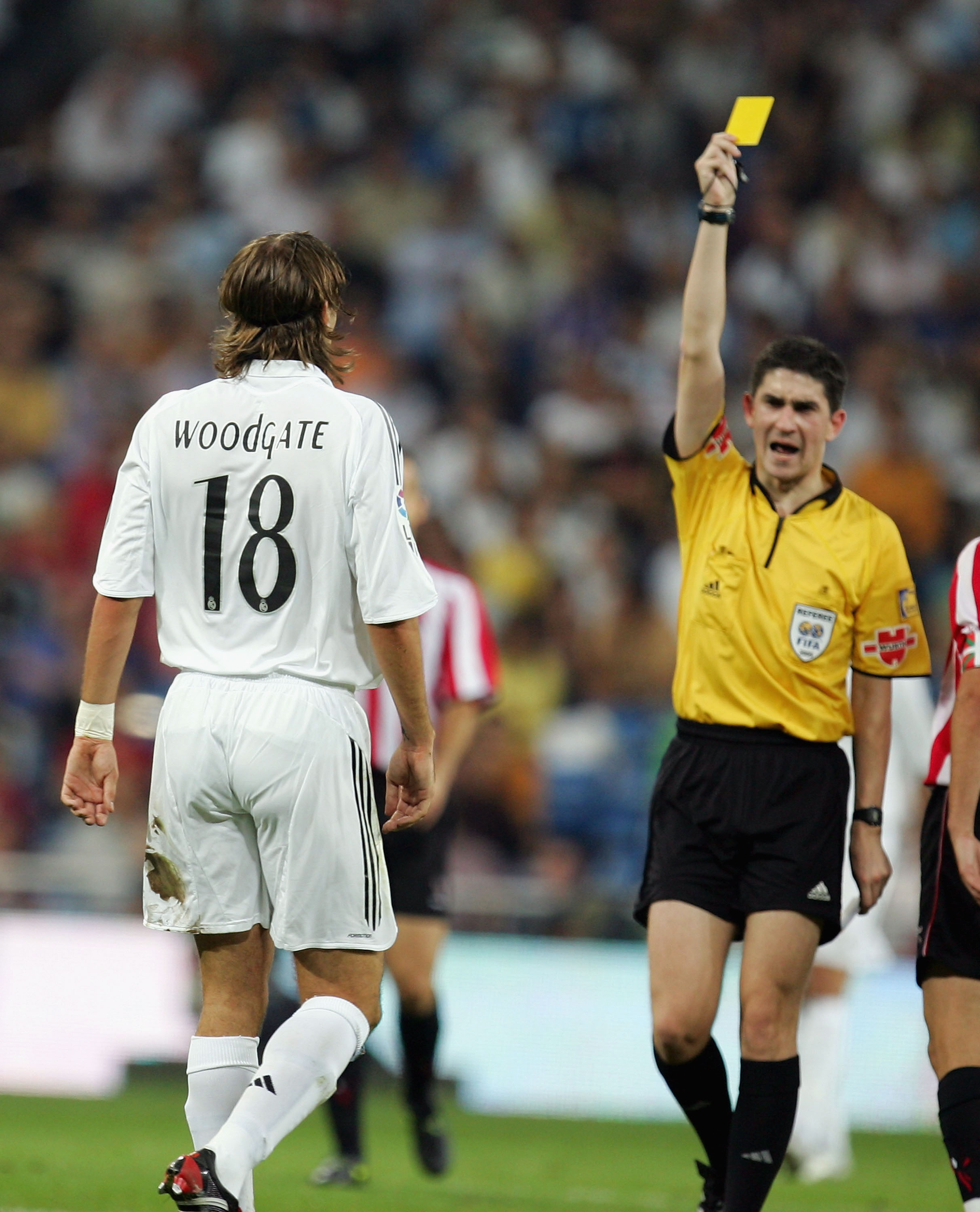 MADRID, SPAIN - SEPTEMBER 22: Jonathan Woodgate of Real Madrid gets a yellow card during the Primera Liga soccer match between Real Madrid and Athletic Bilbao at the Bernabeu on September 22, 2005, in Madrid, Spain.  (Photo by Denis Doyle/Getty Images)