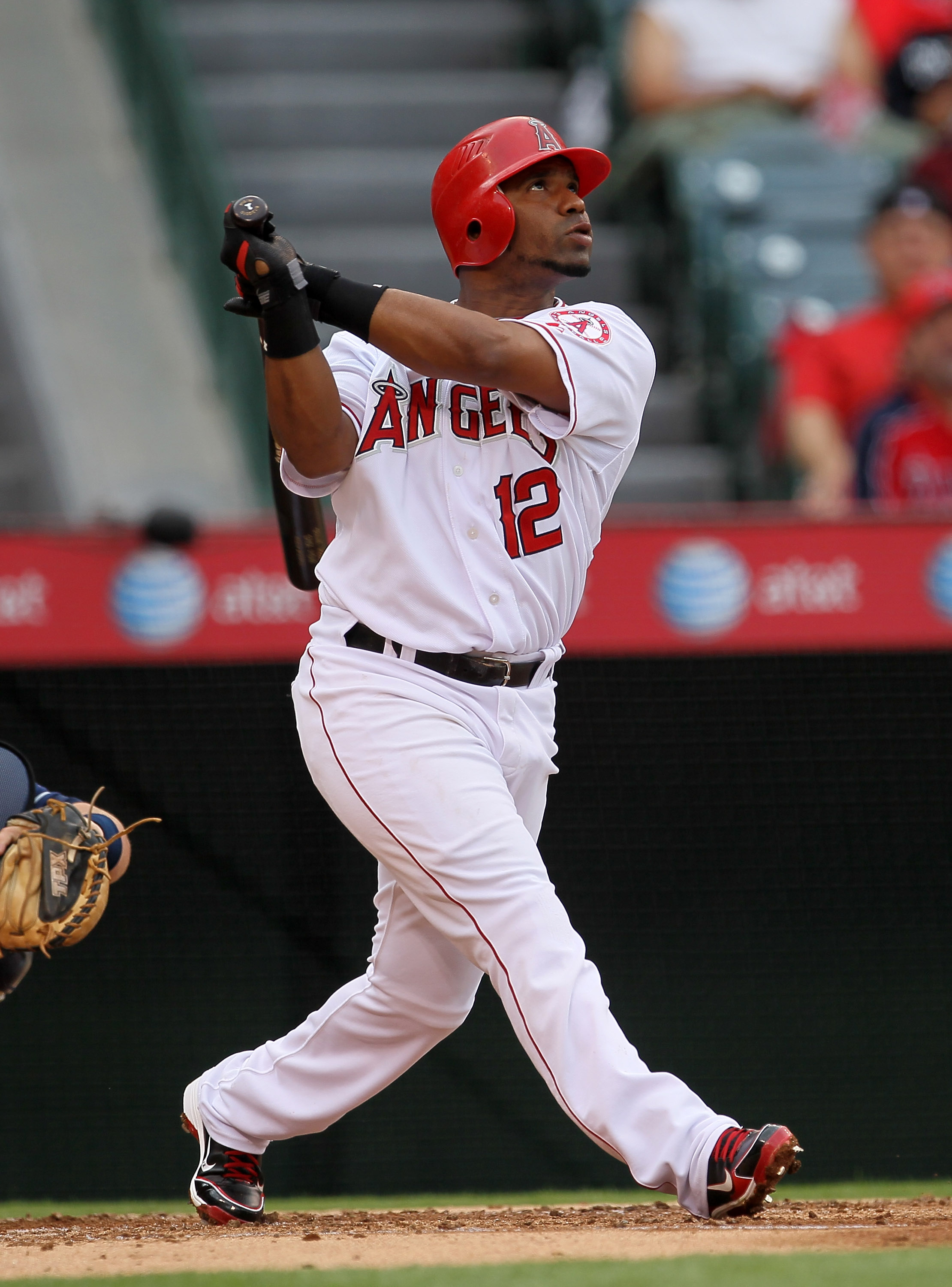 ANAHEIM, CA - SEPTEMBER 08:  Alberto Callaspo #12 of the Los Angeles Angels of Anaheim bats against the Cleveland Indians on September 8, 2010 at Angel Stadium in Anaheim, California.   The Angels won 4-3 in 16 innings.  (Photo by Stephen Dunn/Getty Image