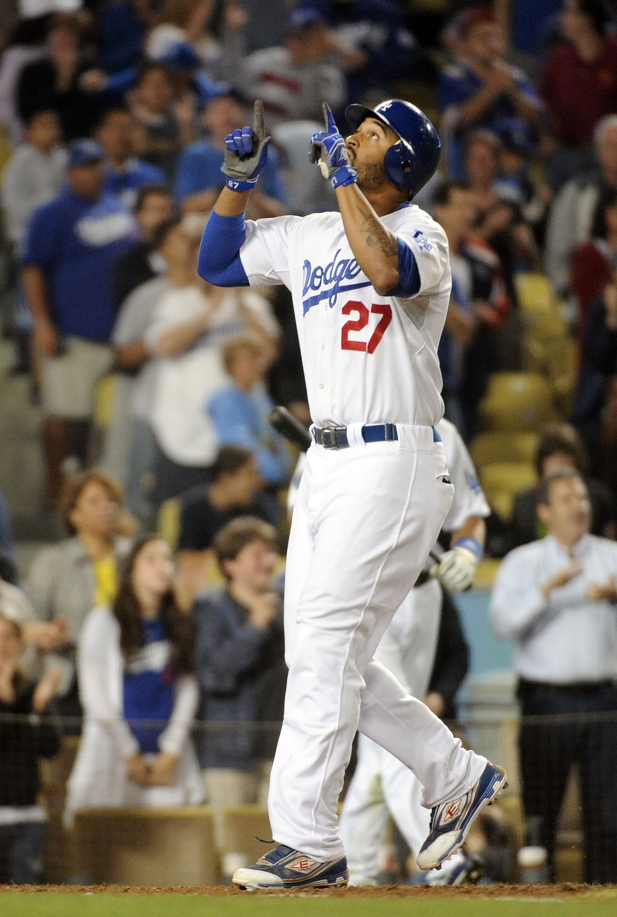 LOS ANGELES, CA - JULY 22:  Matt Kemp #27 of the Los Angeles Dodgers celebrates his homerun for a 2-0 lead over the New York Mets during the seventh inning at Dodger Stadium on July 22, 2010 in Los Angeles, California.  (Photo by Harry How/Getty Images)