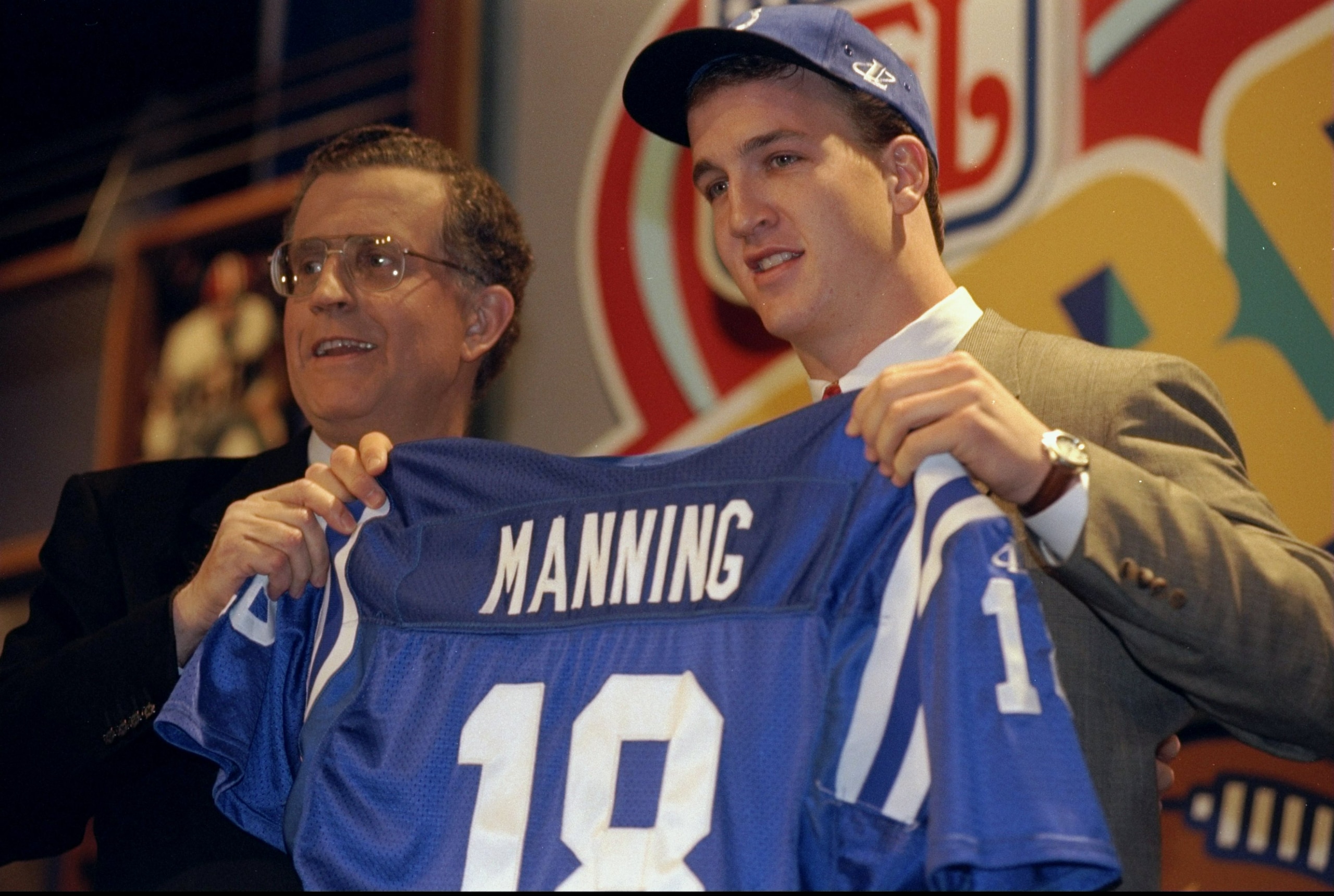 18 Apr 1998:  Quarterback Peyton Manning displays an Indianapolis Colts jersey during the NFL draft at Madison Square Garden in New York City, New York. Mandatory Credit: Ezra O. Shaw  /Allsport