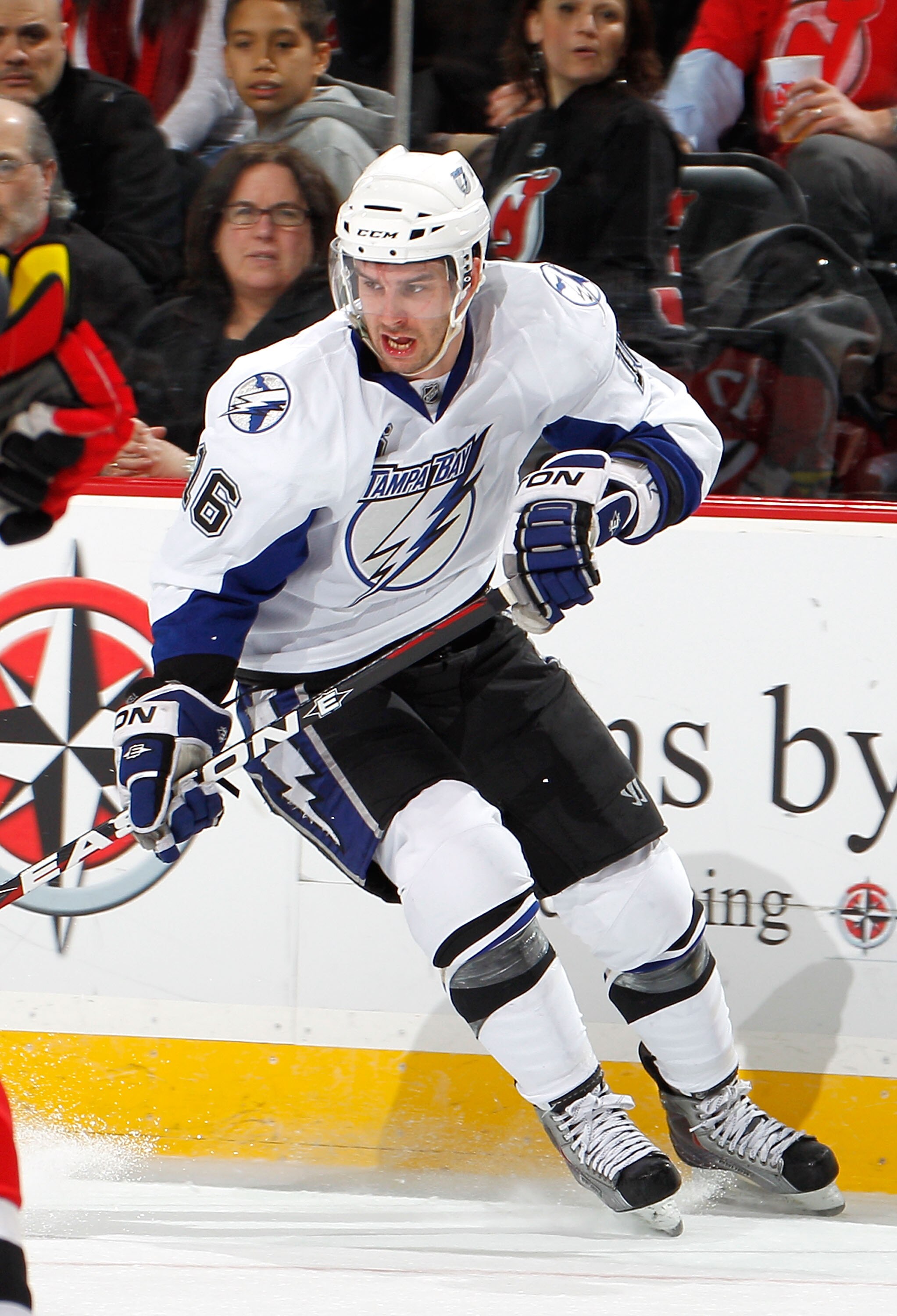NEWARK, NJ - MARCH 02:  Teddy Purcell #16 of the Tampa Bay Lightning skates during an NHL hockey game against the New Jersey Devils at the Prudential Center on March 2, 2011 in Newark, New Jersey.  (Photo by Paul Bereswill/Getty Images)
