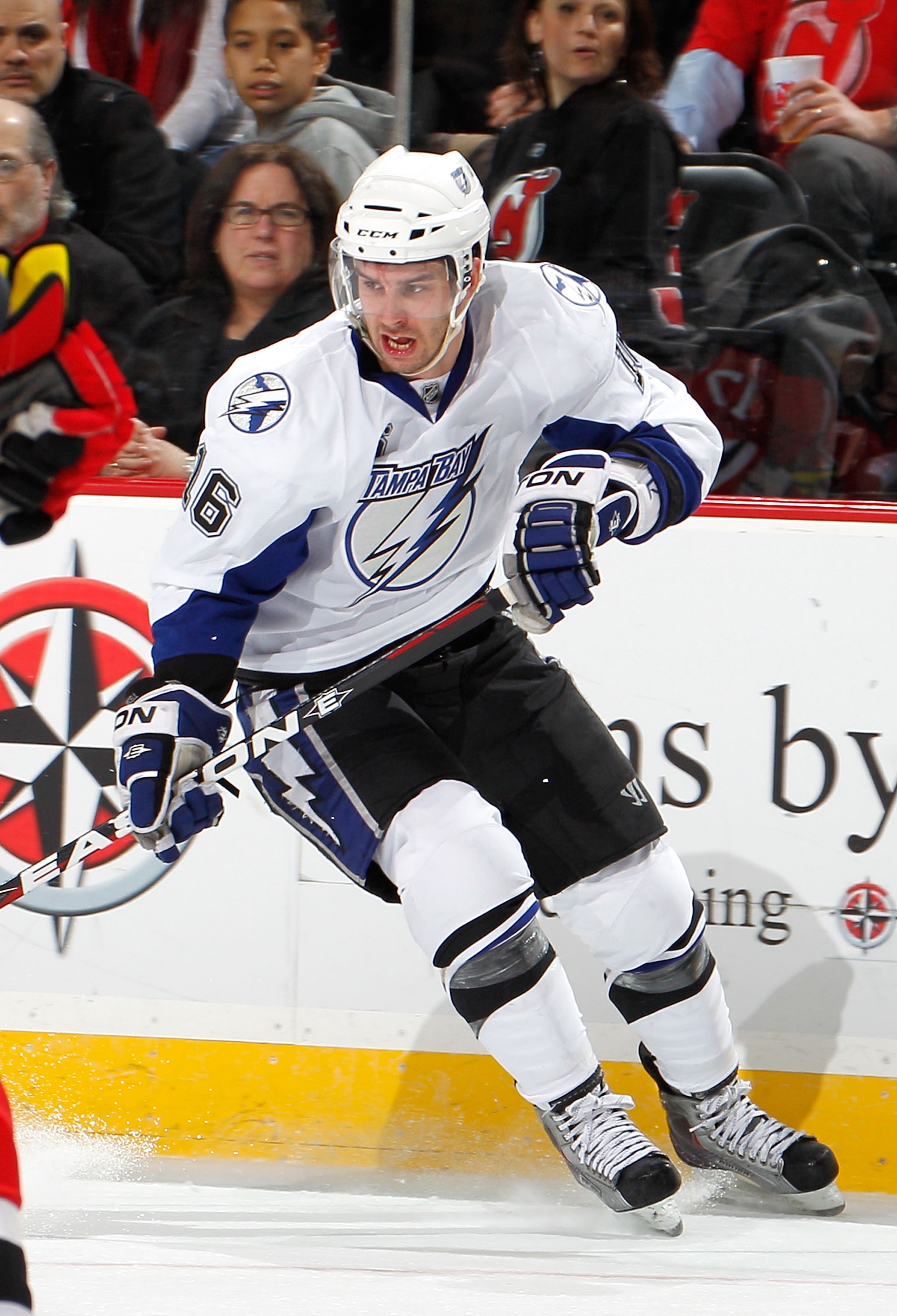 NEWARK, NJ - MARCH 02:  Teddy Purcell #16 of the Tampa Bay Lightning skates during an NHL hockey game against the New Jersey Devils at the Prudential Center on March 2, 2011 in Newark, New Jersey.  (Photo by Paul Bereswill/Getty Images)