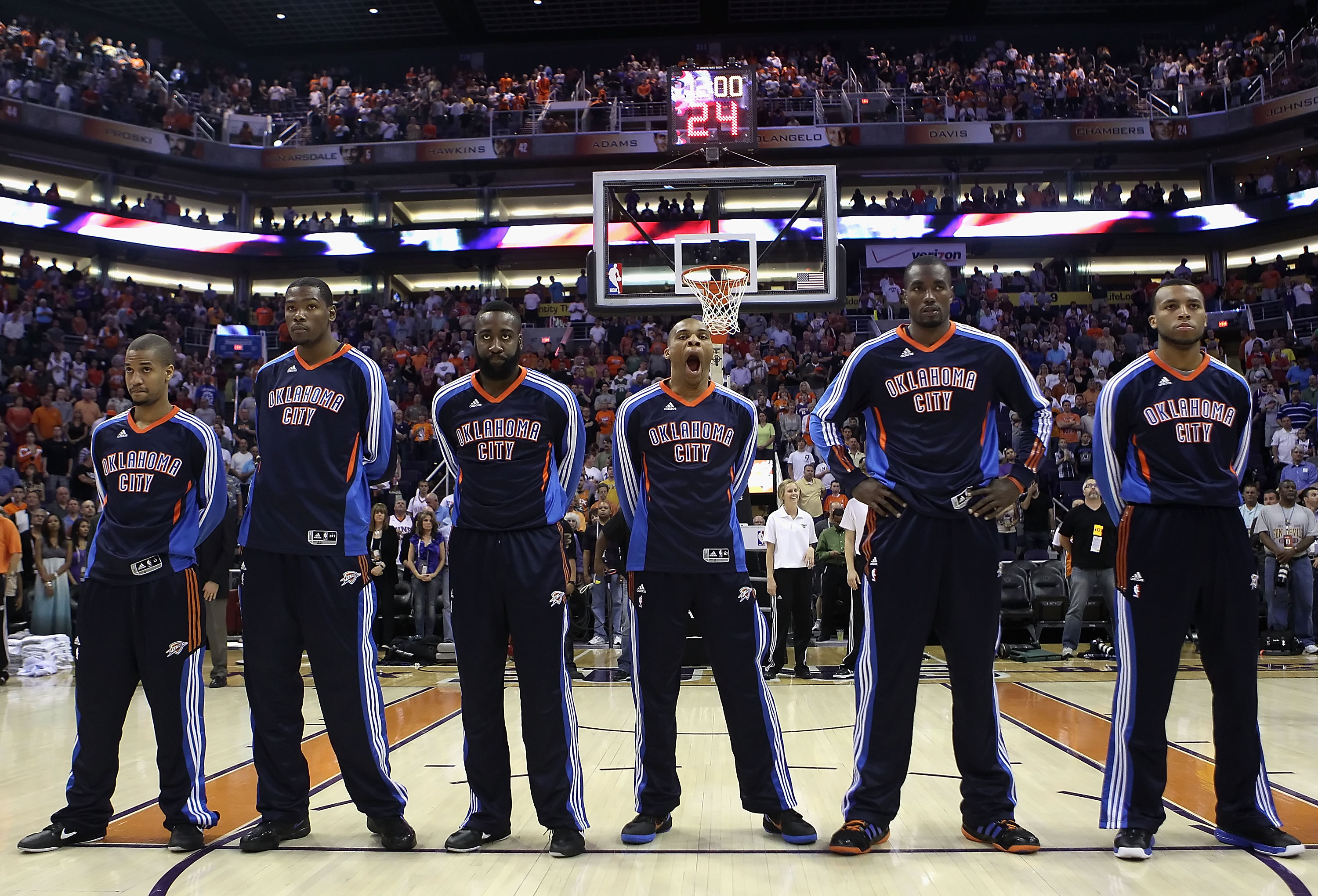 PHOENIX, AZ - MARCH 30:  The Oklahoma City Thunder stand attended before the NBA game against the Phoenix Suns at US Airways Center on March 30, 2011 in Phoenix, Arizona. The Thunder defeated the Suns 116-98.   NOTE TO USER: User expressly acknowledges an