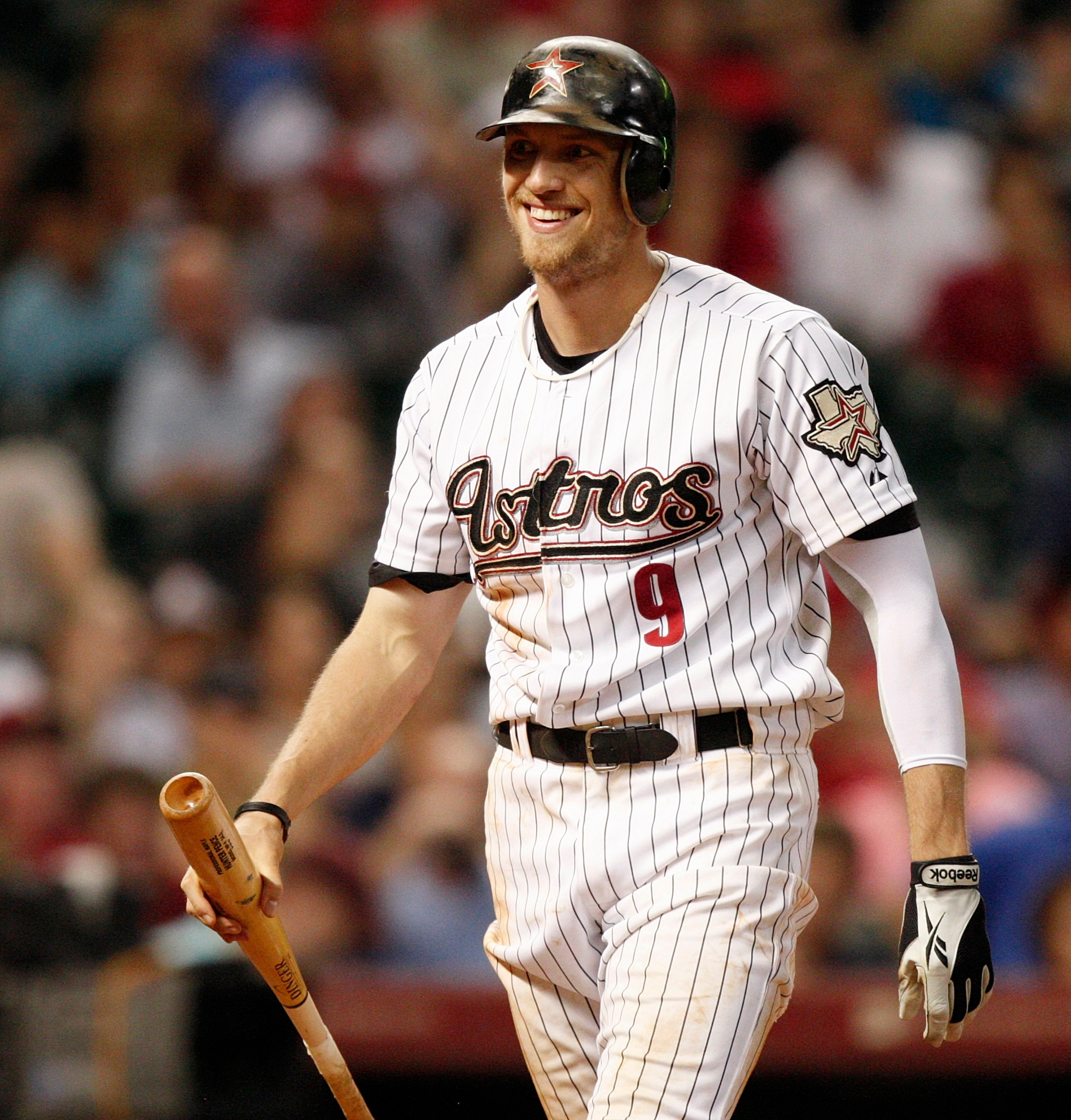 HOUSTON - AUGUST 30: Hunter Pence #9 of the Houston Astros smiles as he walks back to the dugout after striking out swinging against the St. Louis Cardinals at Minute Maid Park on August 30, 2010 in Houston, Texas. The Astros beat the Cardinals 3-0. (Ph HOUSTON - AUGUST 30: Hunter Pence #9 of the Houston Astros smiles as he walks back to the dugout after striking out swinging against the St. Louis Cardinals at Minute Maid Park on August 30, 2010 in Houston, Texas. The Astros beat the Cardinals 3-0. (Ph