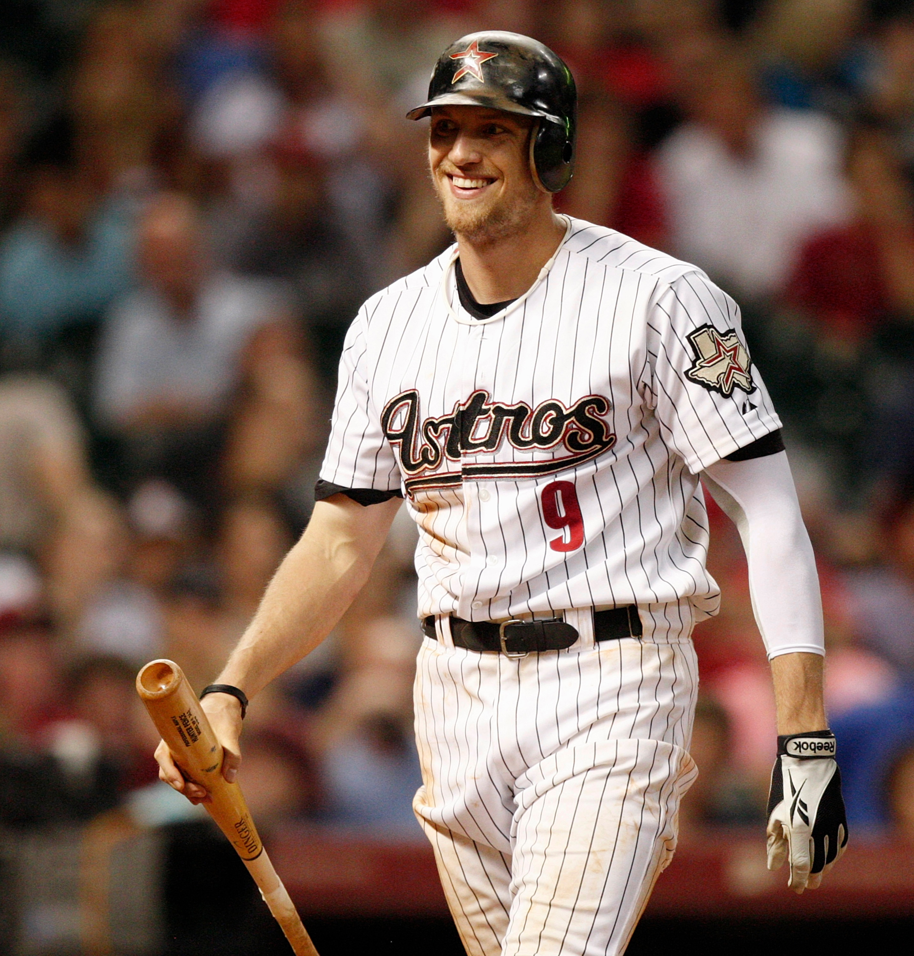 HOUSTON - AUGUST 30: Hunter Pence #9 of the Houston Astros smiles as he walks back to the dugout after striking out swinging against the St. Louis Cardinals at Minute Maid Park on August 30, 2010 in Houston, Texas. The Astros beat the Cardinals 3-0. (Ph HOUSTON - AUGUST 30: Hunter Pence #9 of the Houston Astros smiles as he walks back to the dugout after striking out swinging against the St. Louis Cardinals at Minute Maid Park on August 30, 2010 in Houston, Texas. The Astros beat the Cardinals 3-0. (Ph