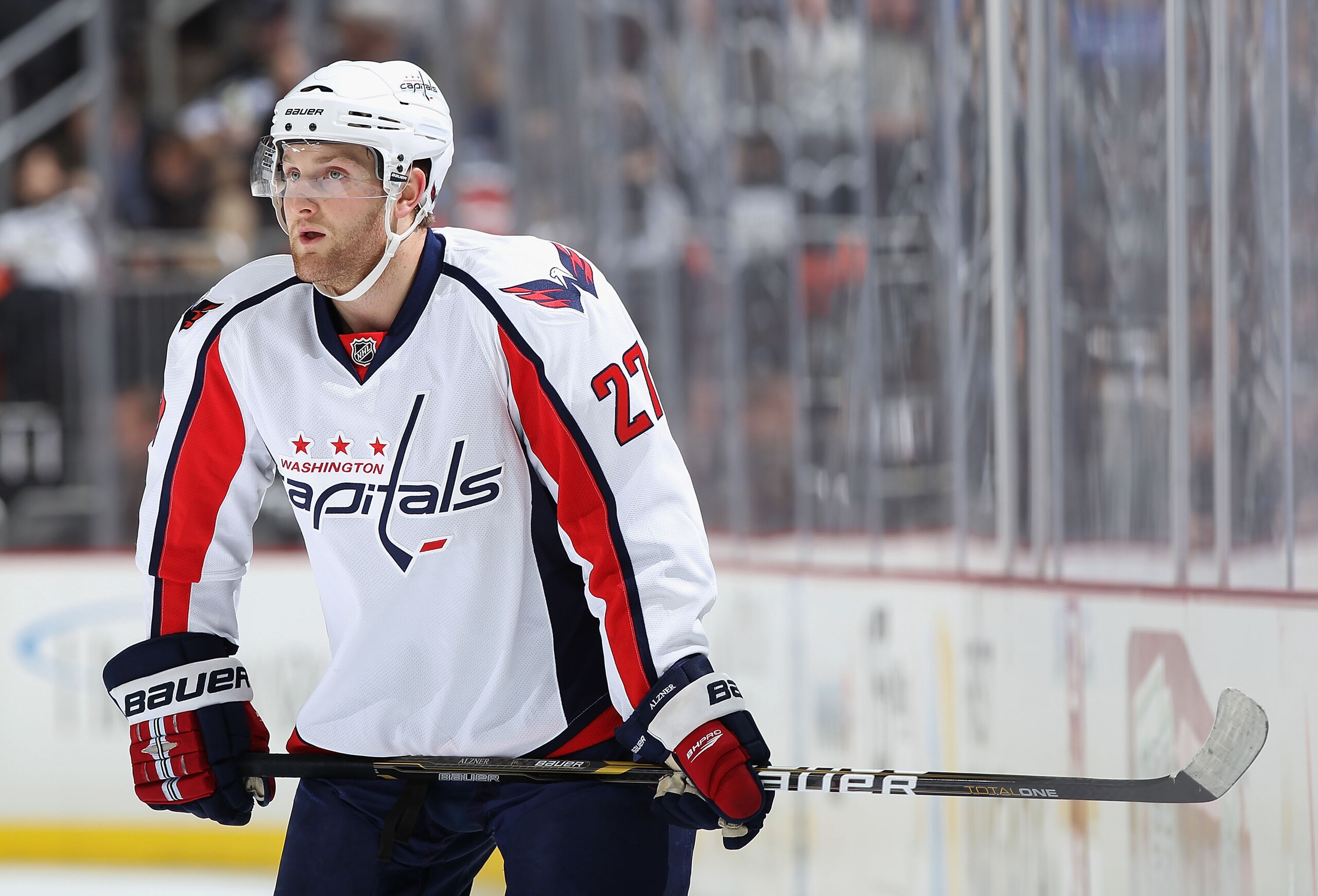 PITTSBURGH, PA - FEBRUARY 21:  Karl Alzner #27 of the Washington Capitals in action during the NHL game against the Pittsburgh Penguins at Consol Energy Center on February 21, 2011 in Pittsburgh, Pennsylvania. The Capitals defeated the Penguins 1-0.  (Pho