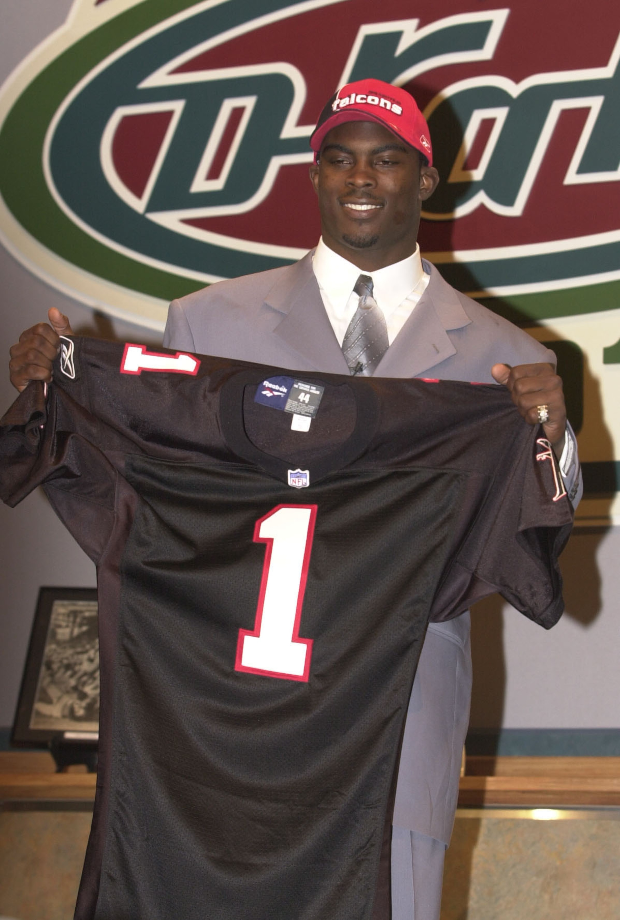 21 Apr 2001:  Michael Vick poses after he was selected first in the NFL Draft by the Atlanta Falcons at Madison Square Garden in New York City. Mandatory Credit: Ezra Shaw/ALLSPORT