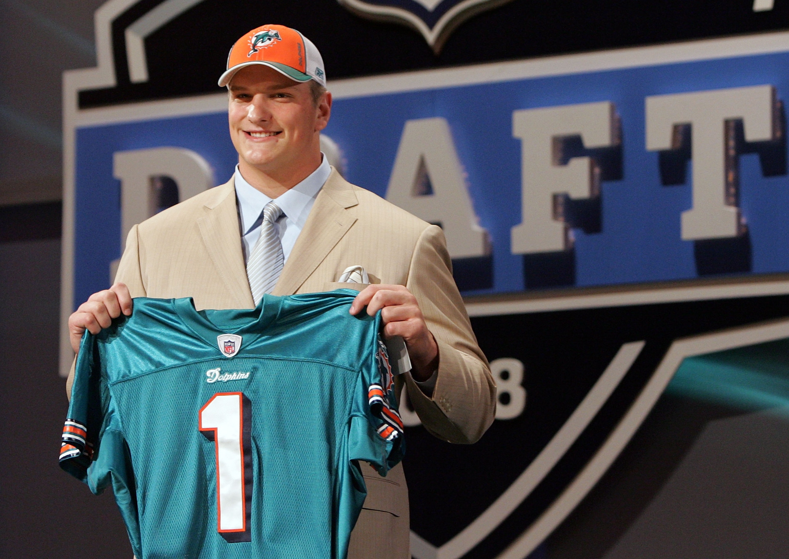 NEW YORK - APRIL 26:  Jake Long poses for a photo after being taken as the fisrt overall draft pick by the Miami Dolphins during the 2008 NFL Draft on April 26, 2008 at Radio City Music Hall in April 26, 2008 in New York City.  (Photo by Jim McIsaac/Getty