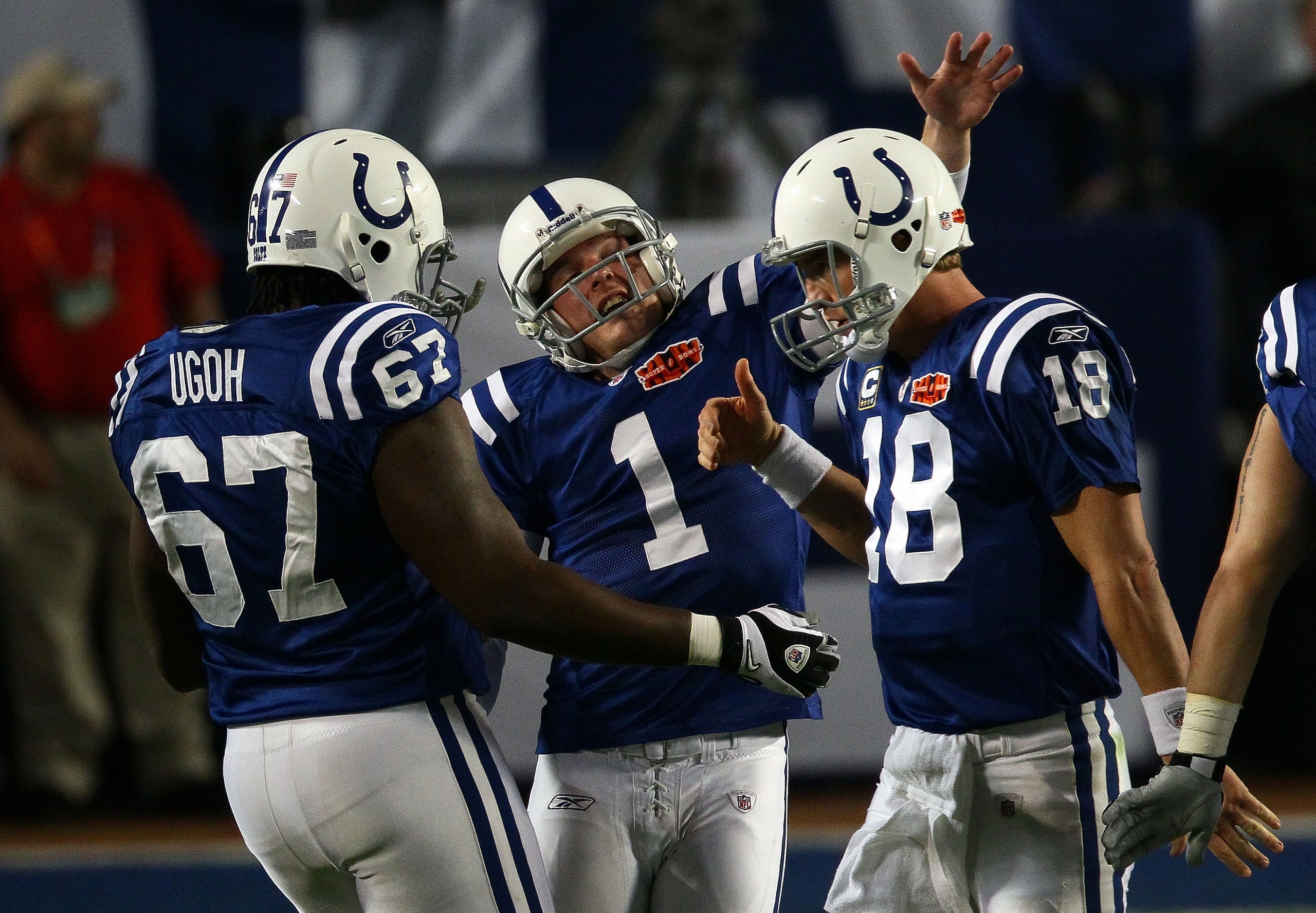 MIAMI GARDENS, FL - FEBRUARY 07: Peyton Manning #18, Pat McAfee #1 and Tony Ugoh #67 of the Indianapolis Colts celebrate after a touchdown in the first quarter against the New Orleans Saints during Super Bowl XLIV on February 7, 2010 at Sun Life Stadium i