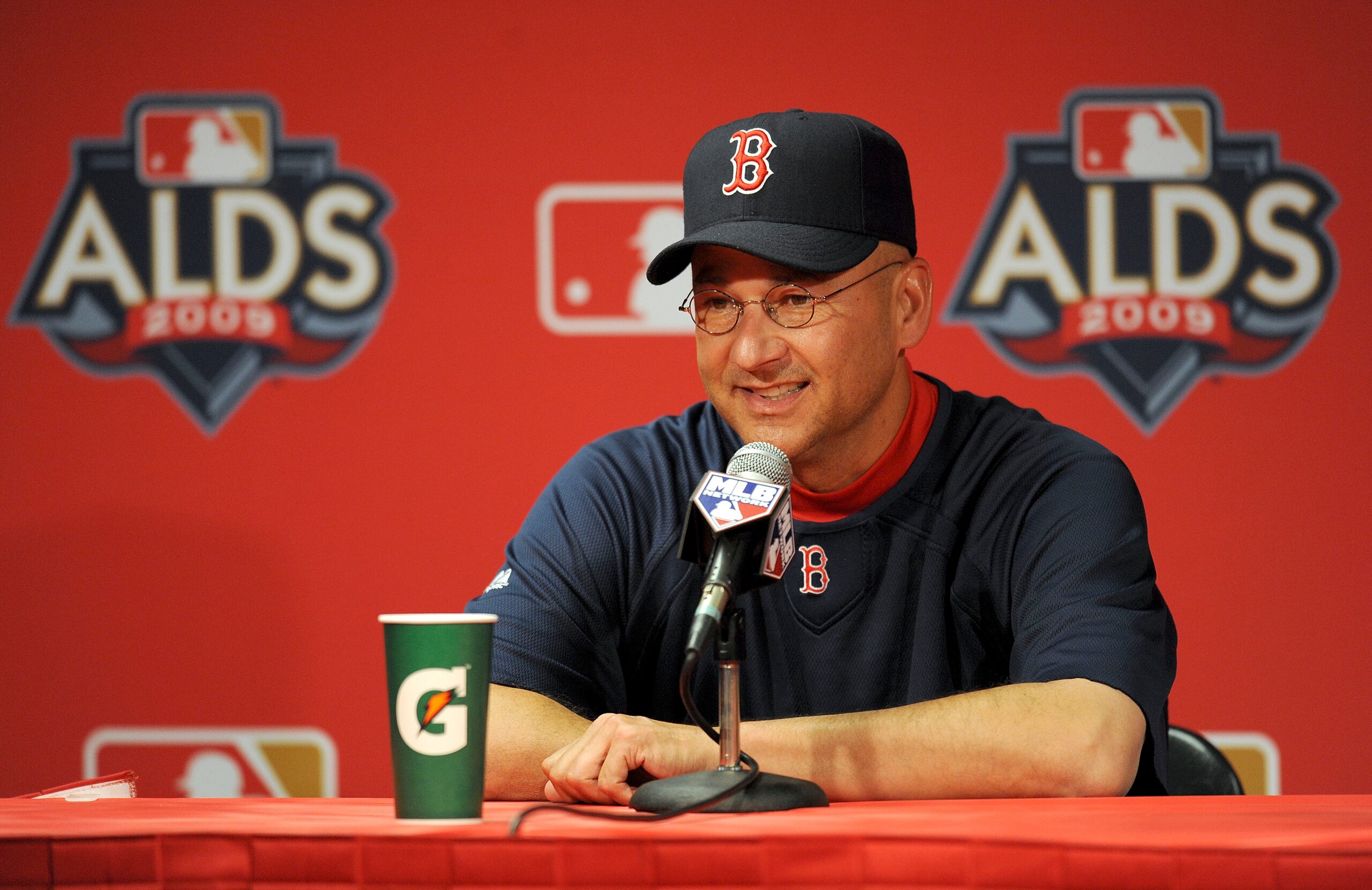 ANAHEIM, CA - OCTOBER 08:  Boston Red Sox manager Terry Francona speaks to the media before Game One of the ALDS against the Los Angeles Angels of Anaheim during the 2009 MLB Playoffs at Angel Stadium on October 8, 2009 in Anaheim, California.  (Photo by