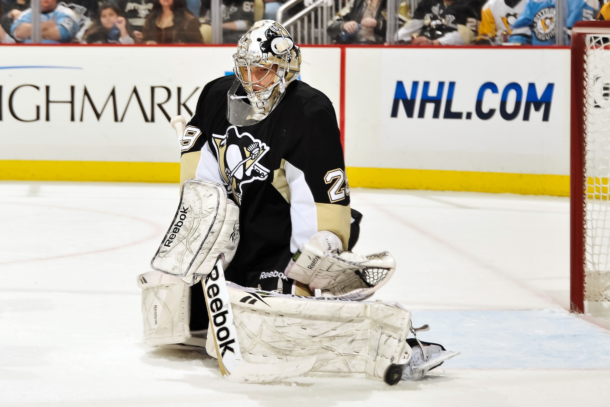 PITTSBURGH, PA - MARCH 13: Goaltender Marc-Andre Fleury #29 of the Pittsburgh Penguins makes a save against the Edmonton Oilers on March 13, 2011 at CONSOL Energy Center in Pittsburgh, Pennsylvania. (Photo by Jamie Sabau/Getty Images) PITTSBURGH, PA - MARCH 13: Goaltender Marc-Andre Fleury #29 of the Pittsburgh Penguins makes a save against the Edmonton Oilers on March 13, 2011 at CONSOL Energy Center in Pittsburgh, Pennsylvania. (Photo by Jamie Sabau/Getty Images)