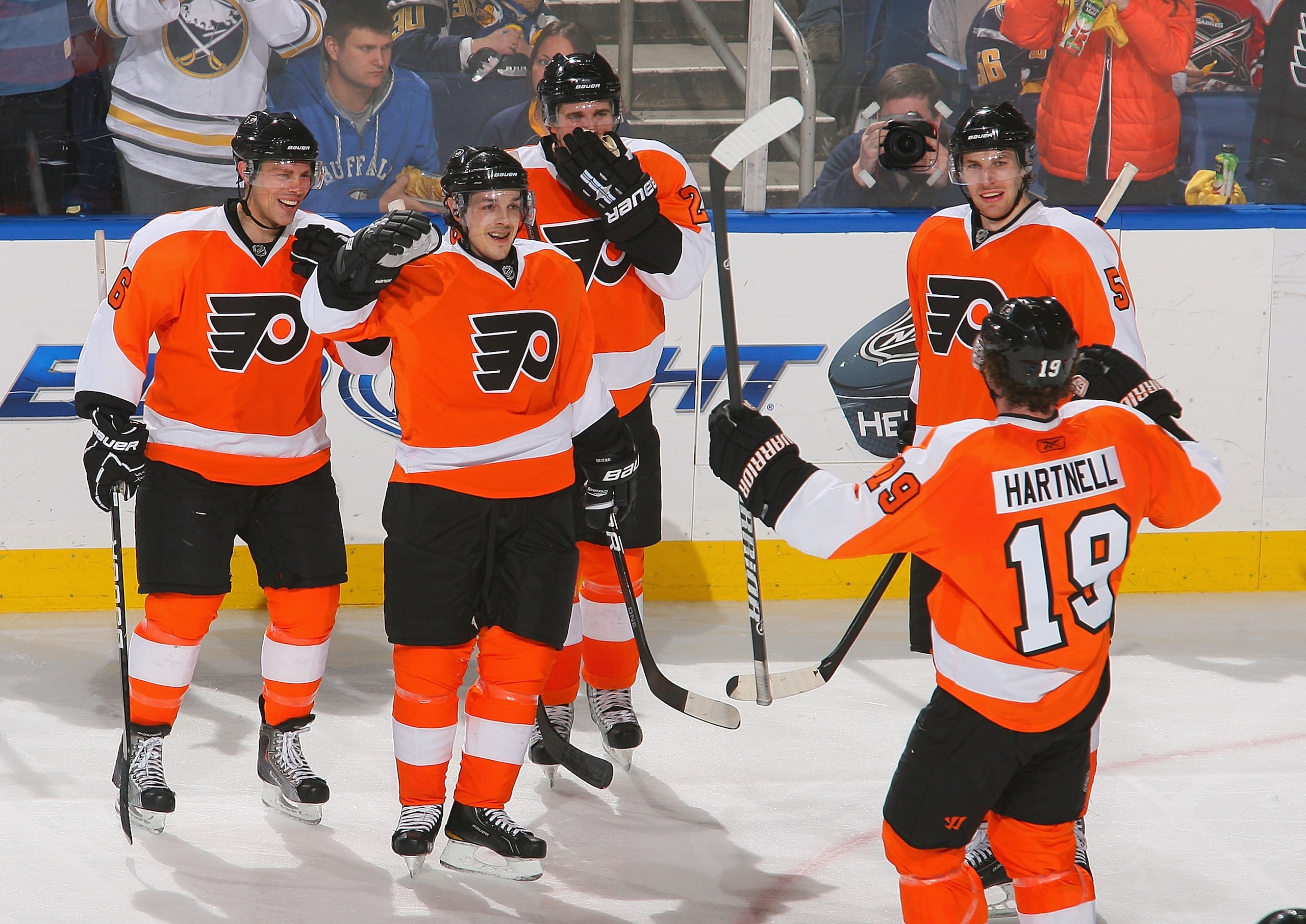BUFFALO, NY - APRIL 08: Daniel Briere #48 (2nd from left) of the Philadelphia Flyers celebrates scoring Philadelphia's third goal against the Buffalo Sabres at HSBC Arena on April 8, 2011 in Buffalo, New York. (Photo by Rick Stewart/Getty Images) BUFFALO, NY - APRIL 08: Daniel Briere #48 (2nd from left) of the Philadelphia Flyers celebrates scoring Philadelphia's third goal against the Buffalo Sabres at HSBC Arena on April 8, 2011 in Buffalo, New York. (Photo by Rick Stewart/Getty Images)
