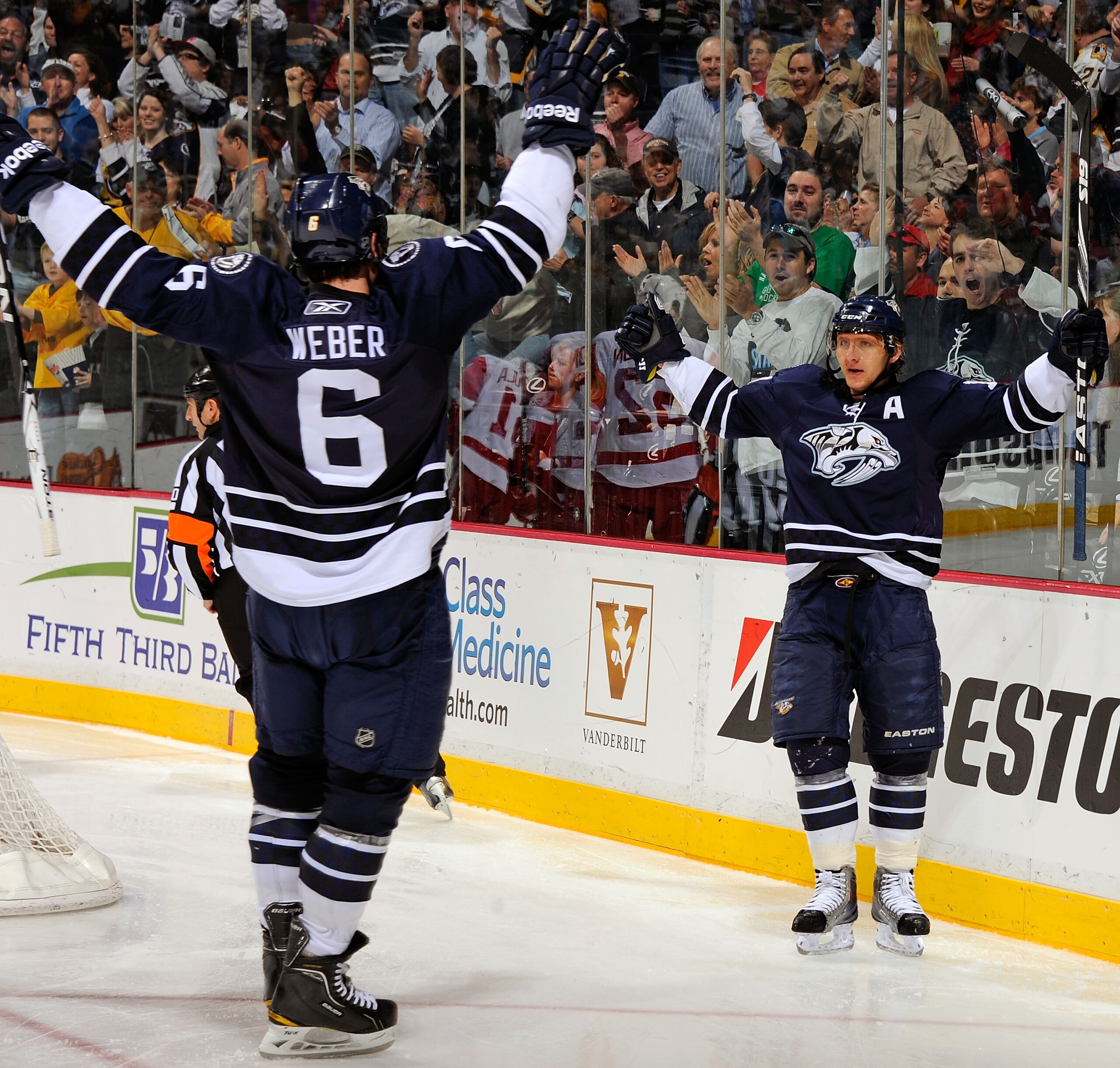 NASHVILLE, TN - APRIL 02: Shea Weber #6 and Martin Erat #10 of the Nashville Predators celebrate after a goal against the Detroit Red Wings on April 2, 2011 at the Bridgestone Arena in Nashville, Tennessee. (Photo by Frederick Breedon/Getty Images) NASHVILLE, TN - APRIL 02: Shea Weber #6 and Martin Erat #10 of the Nashville Predators celebrate after a goal against the Detroit Red Wings on April 2, 2011 at the Bridgestone Arena in Nashville, Tennessee. (Photo by Frederick Breedon/Getty Images)