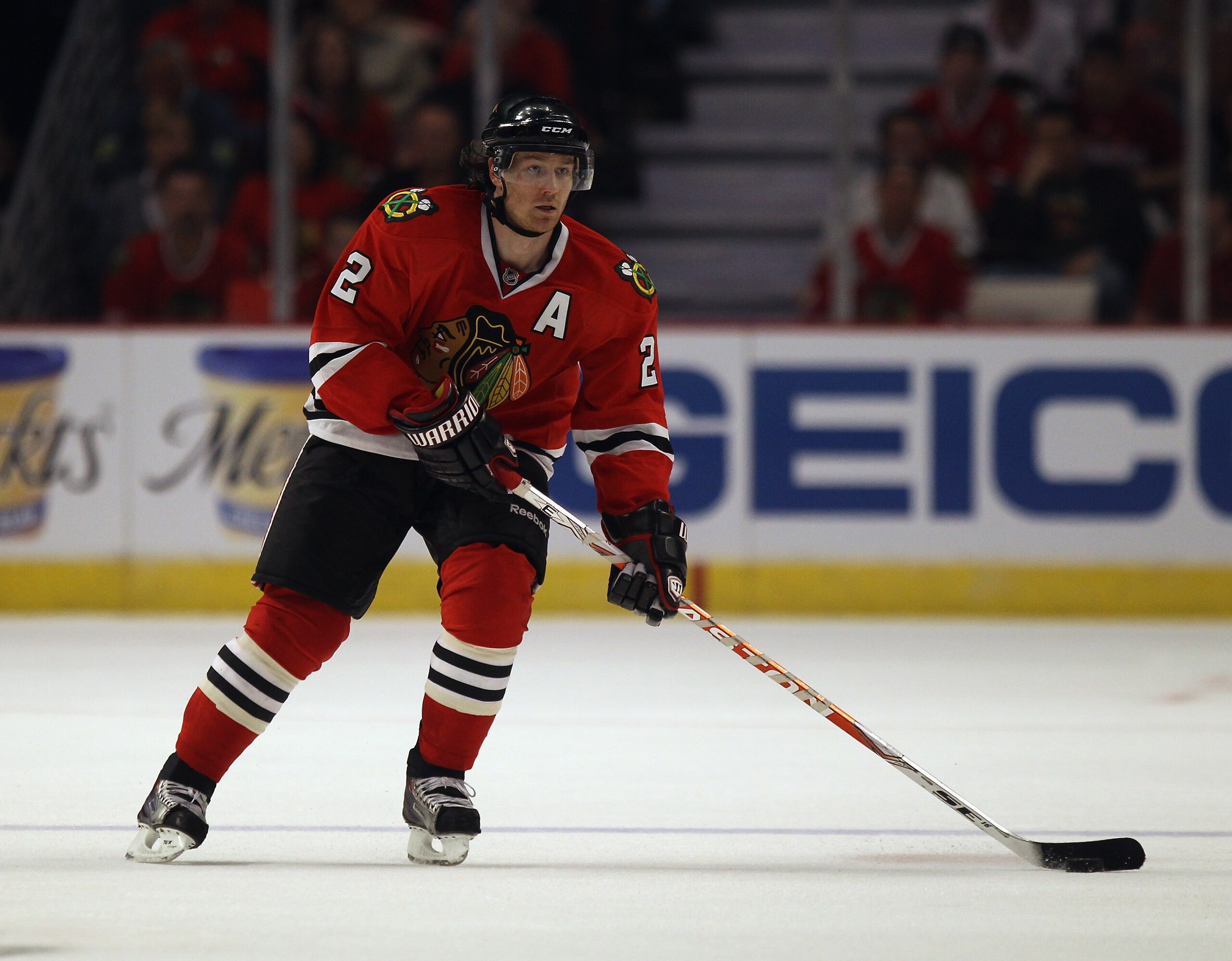 CHICAGO, IL - APRIL 10: Duncan Keith #2 of the Chicago Blackhawks controls the puck against the Detroit Red Wings at the United Center on April 10, 2011 in Chicago, Illinois. The Red Wings defeated the Blackhawks 4-3. (Photo by Jonathan Daniel/Getty Image