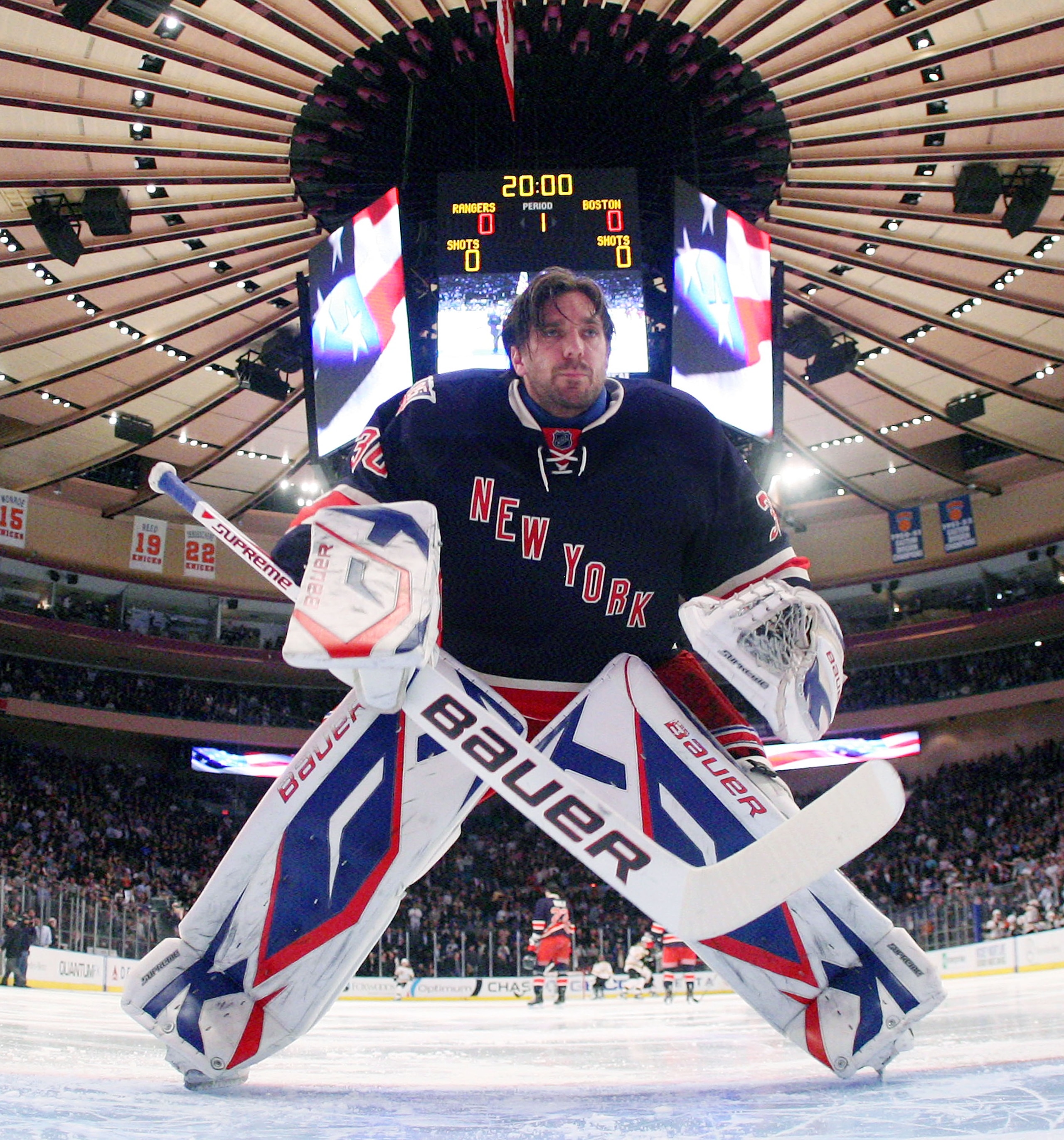 NEW YORK, NY - APRIL 04: Henrik Lundqvist #30 of the New York Rangers gets set for the opening faceoff against the Boston Bruins at Madison Square Garden on April 4, 2011 in New York City. The Rangers defeated the Bruins 5-3. (Photo by Bruce Bennett/Get NEW YORK, NY - APRIL 04: Henrik Lundqvist #30 of the New York Rangers gets set for the opening faceoff against the Boston Bruins at Madison Square Garden on April 4, 2011 in New York City. The Rangers defeated the Bruins 5-3. (Photo by Bruce Bennett/Get