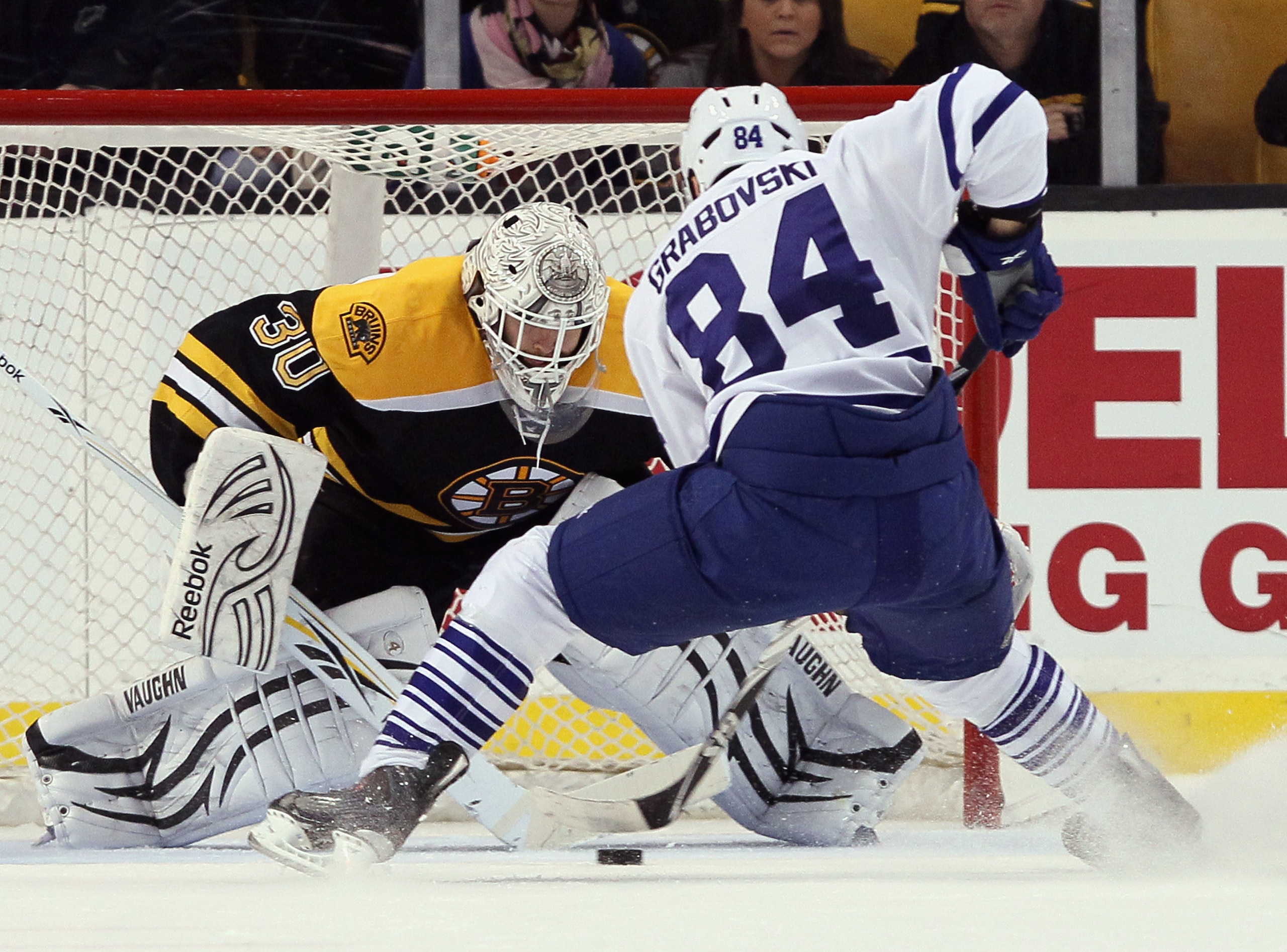 BOSTON, MA - MARCH 31:  Tim Thomas #30 of the Boston Bruins stops a penalty shot by Mikhail Grabovski #84 of the Toronto Maple Leafs on March 31, 2011 at the TD Garden in Boston, Massachusetts. The Toronto Maple Leafs defeated the Boston Bruins 4-3 in an