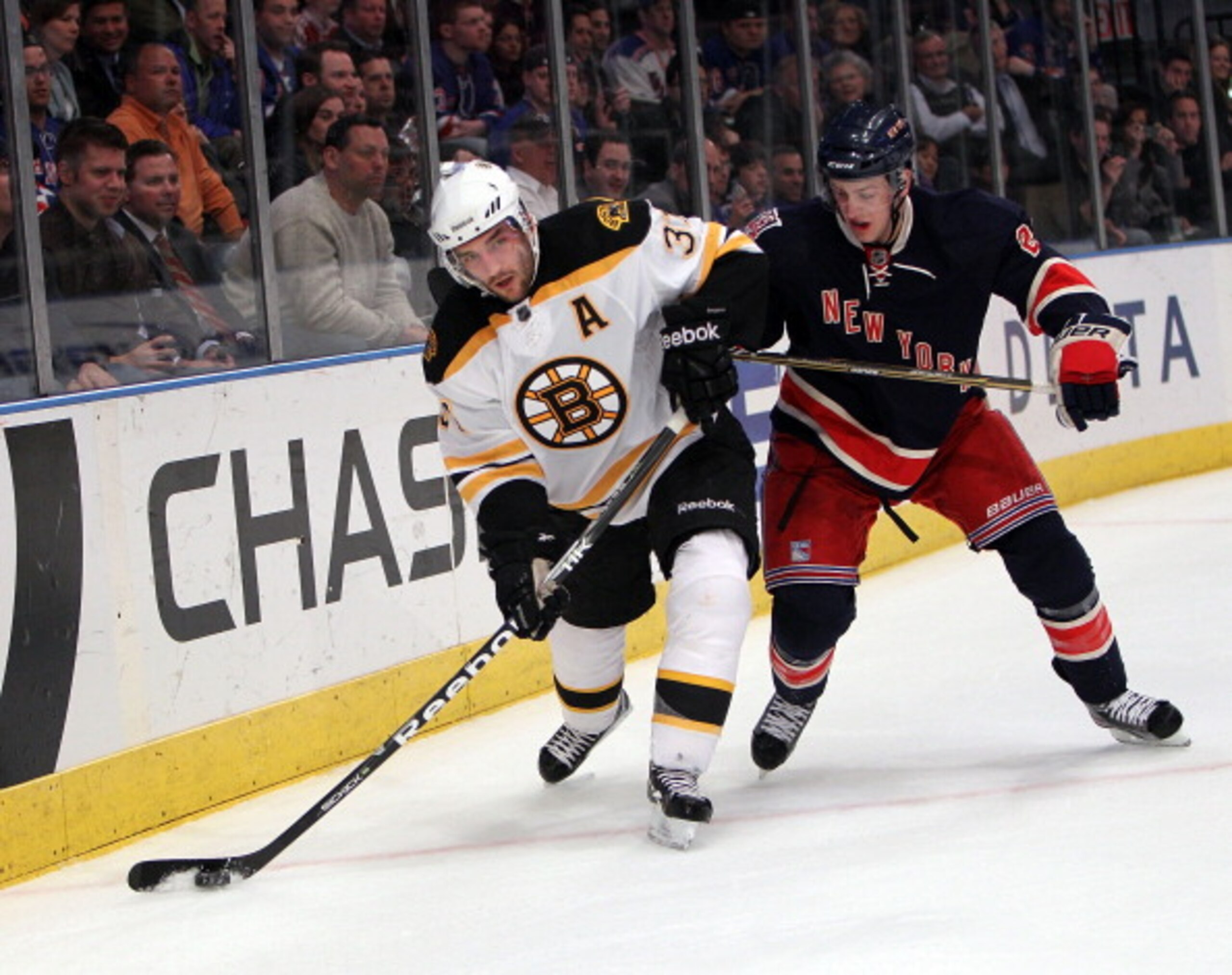 NEW YORK, NY - APRIL 04:  Patrice Bergeron #37 of the Boston Bruins skates against the New York Rangers at Madison Square Garden on April 4, 2011 in New York City. The Rangers defeated the Bruins 5-3.  (Photo by Bruce Bennett/Getty Images)