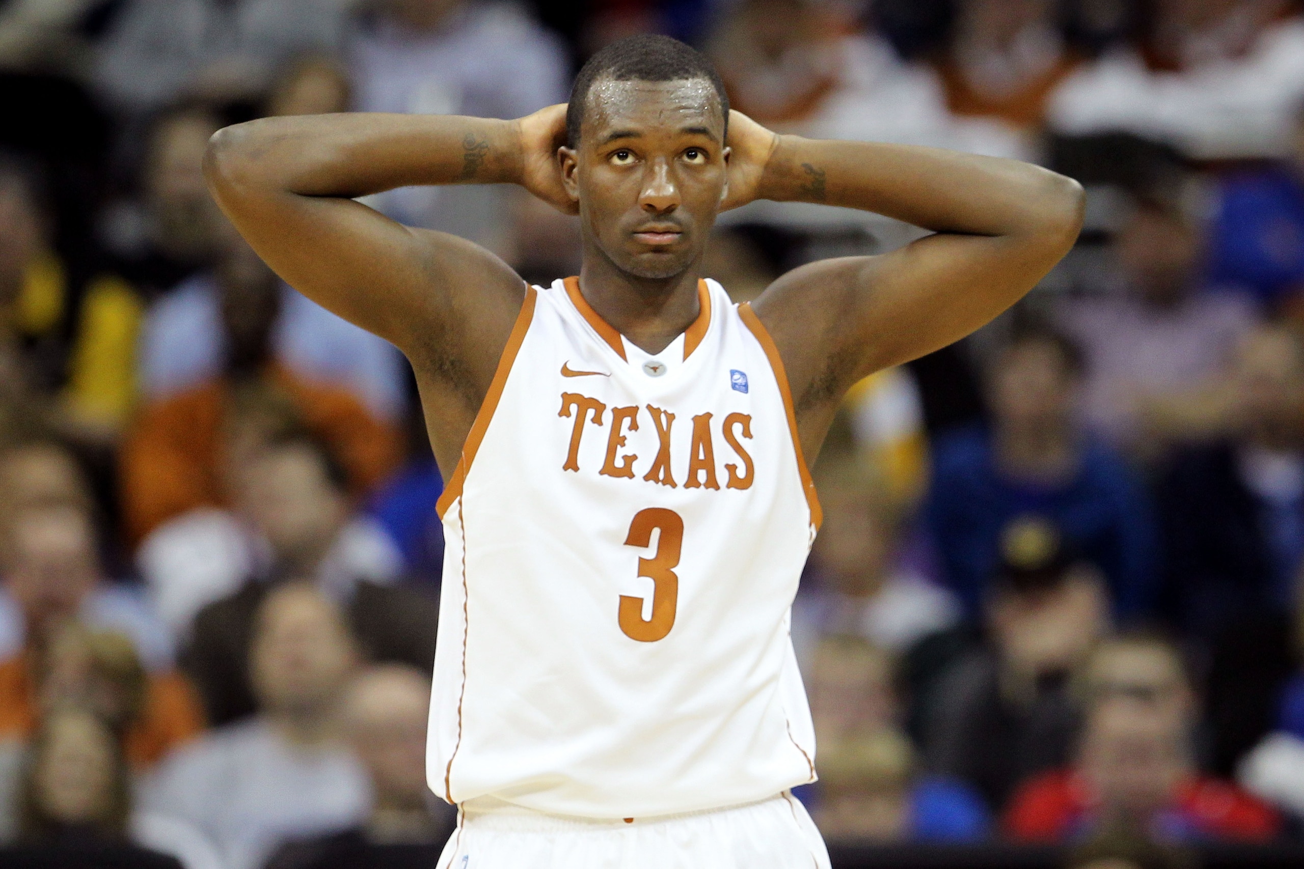 KANSAS CITY, MO - MARCH 10:  Jordan Hamilton #3 of the Texas Longhorns stands on the court during their quarterfinal game against the Oklahoma Sooners in the 2011 Phillips 66 Big 12 Men's Basketball Tournament at Sprint Center on March 10, 2011 in Kansas