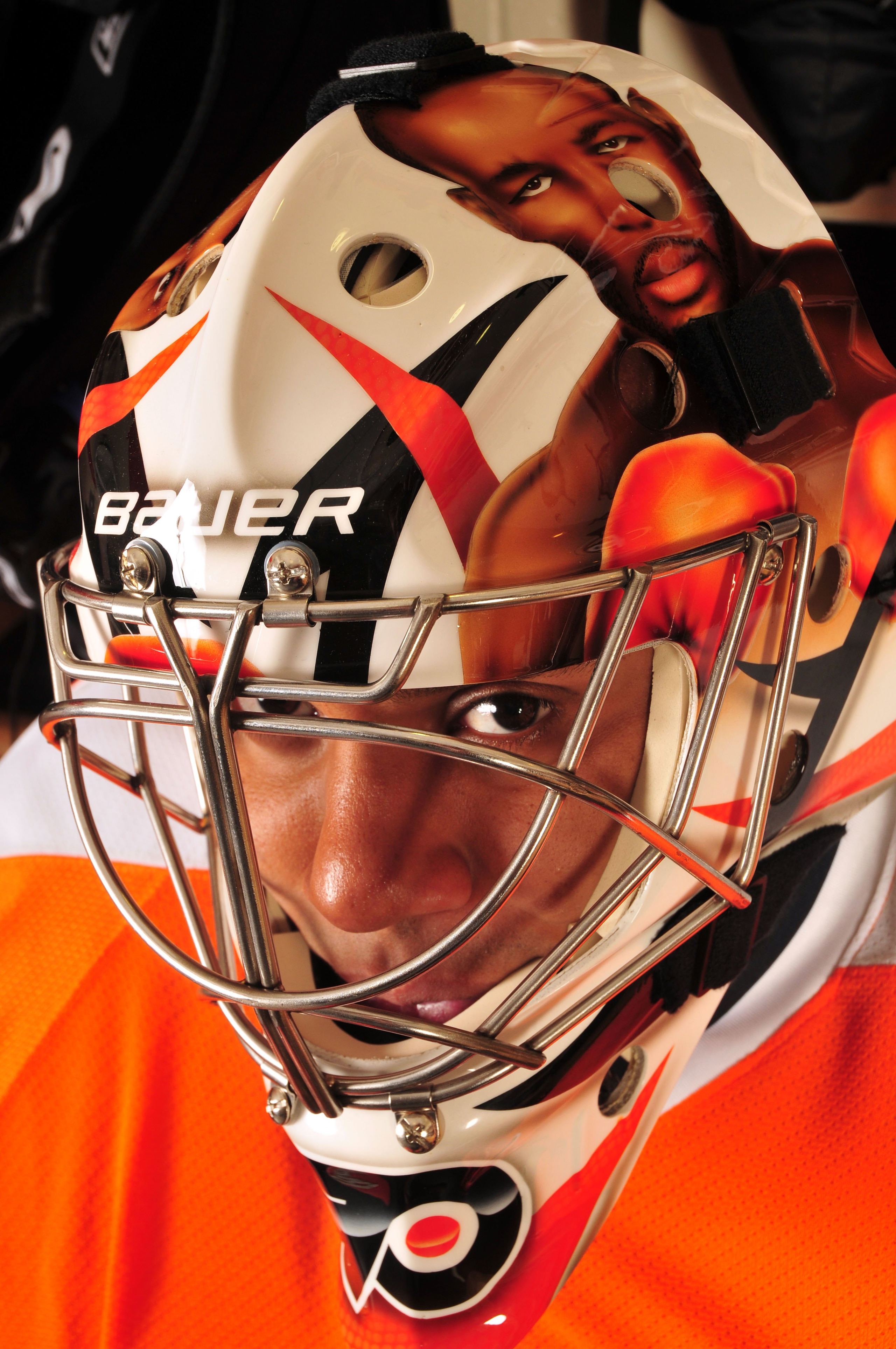 VOORHEES, NJ - AUGUST 26:  A detailed view of the mask of goaltender Ray Emery in the locker room at the Virtua Center Flyers Skate Zone training facility on August 26, 2009 in Voorhees, New Jersey. An image of Bernard Hopkins is painted on the left side