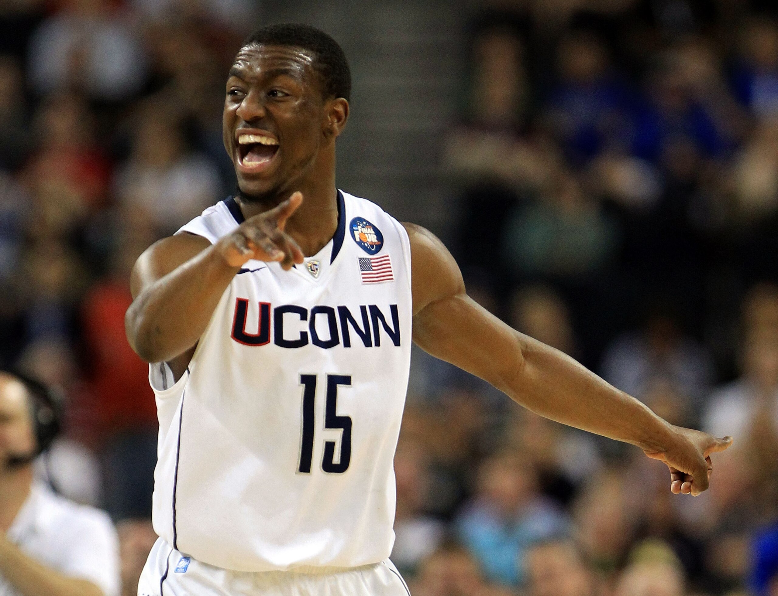 HOUSTON, TX - APRIL 04:  Kemba Walker #15 of the Connecticut Huskies reacts after a play against the Butler Bulldogs during the National Championship Game of the 2011 NCAA Division I Men's Basketball Tournament at Reliant Stadium on April 4, 2011 in Houst