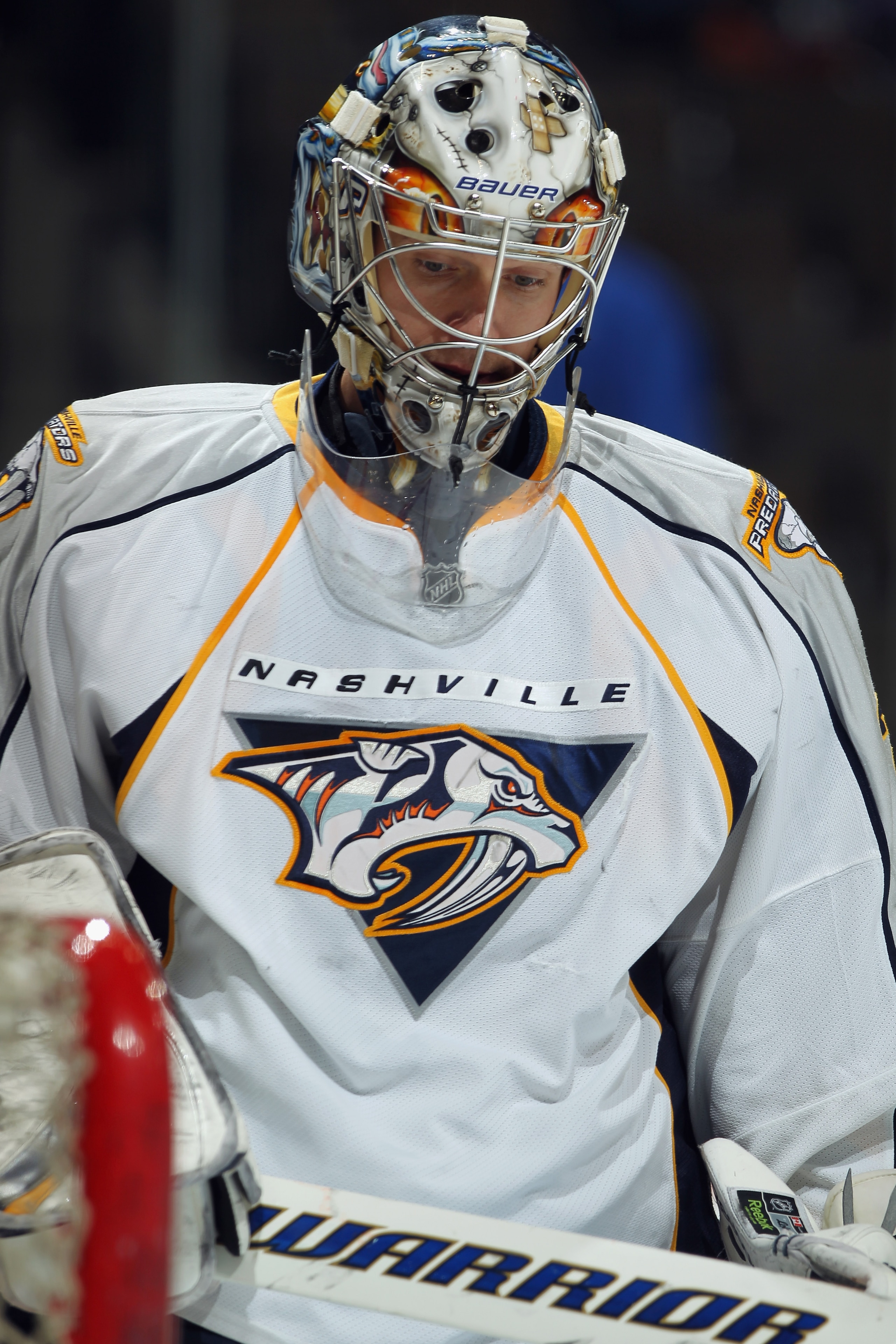 DENVER, CO - MARCH 31:  Goalie Pekka Rinne #35 of the Nashville Predators warms up prior to facing the Colorado Avalanche at the Pepsi Center on March 31, 2011 in Denver, Colorado. Rinne had 27 saves as the Nashville Predators defeated the Colorado Avalan