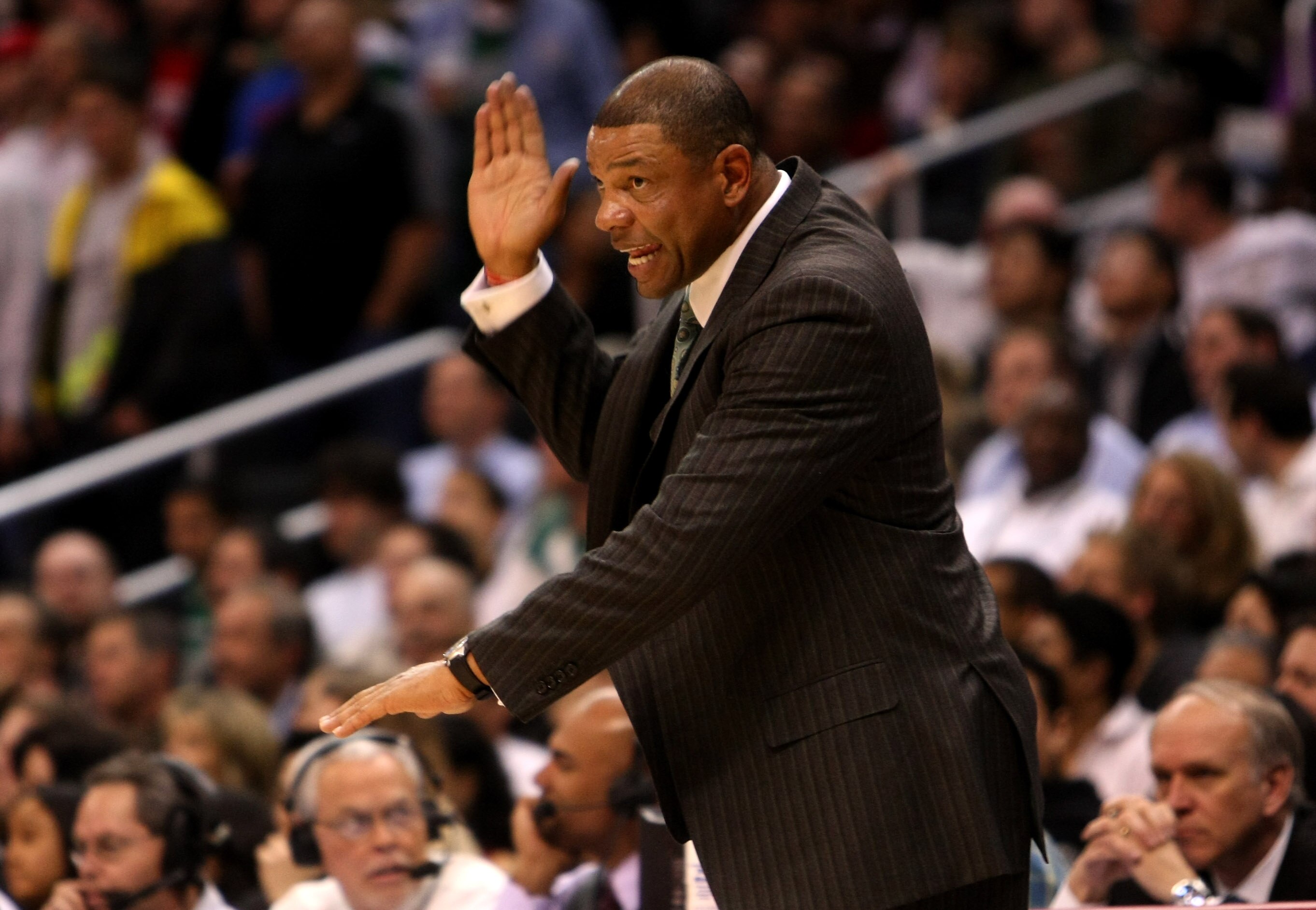 LOS ANGELES - FEBRUARY 25: Head coach Doc Rivers of the Boston Celtics complains to the referees during the game with the Los Angeles Clippers on February 25, 2009 at Staples Center in Los Angeles, California.  The Clippers won 93-91.   NOTE TO USER: User