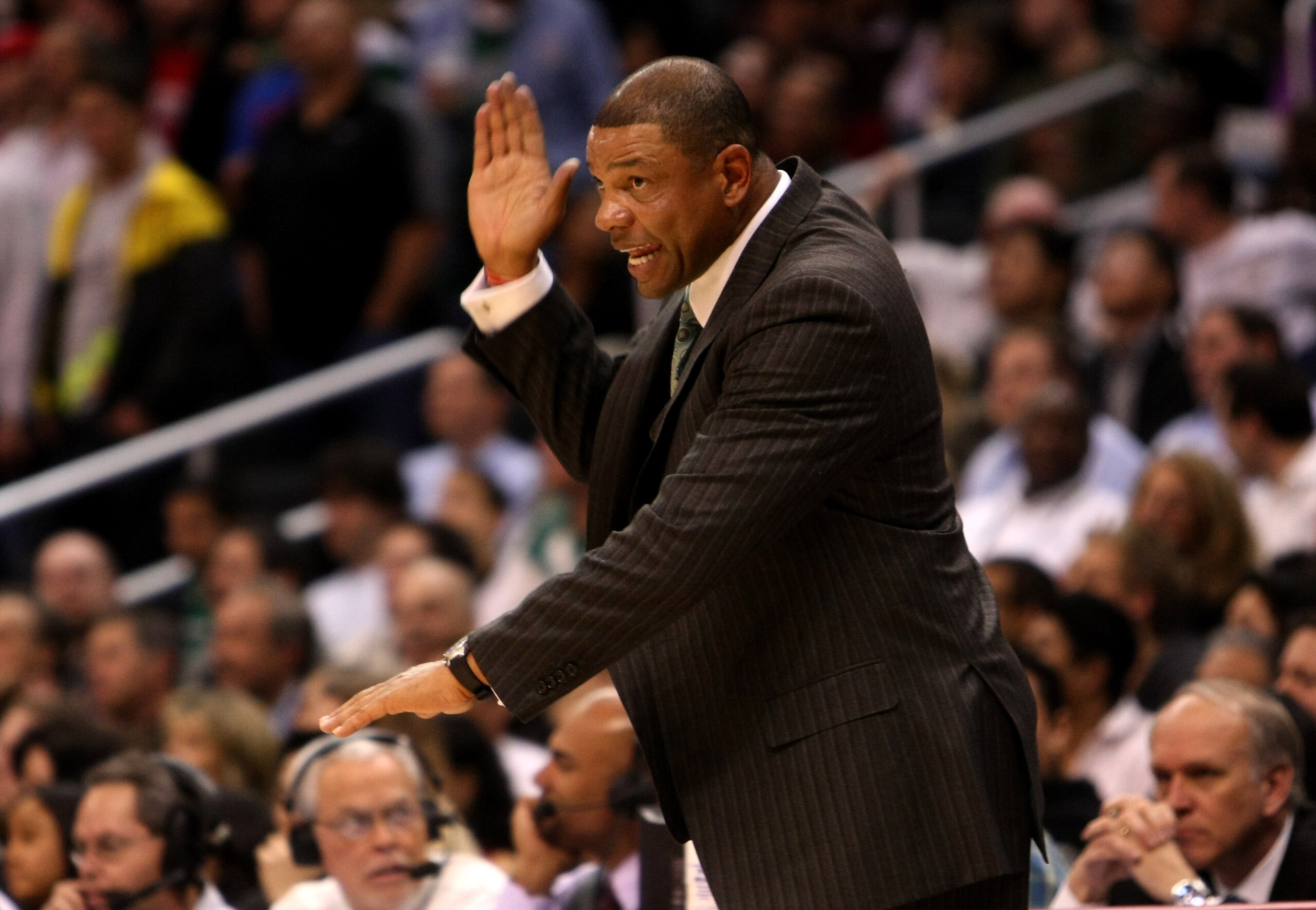 LOS ANGELES - FEBRUARY 25: Head coach Doc Rivers of the Boston Celtics complains to the referees during the game with the Los Angeles Clippers on February 25, 2009 at Staples Center in Los Angeles, California.  The Clippers won 93-91.   NOTE TO USER: User