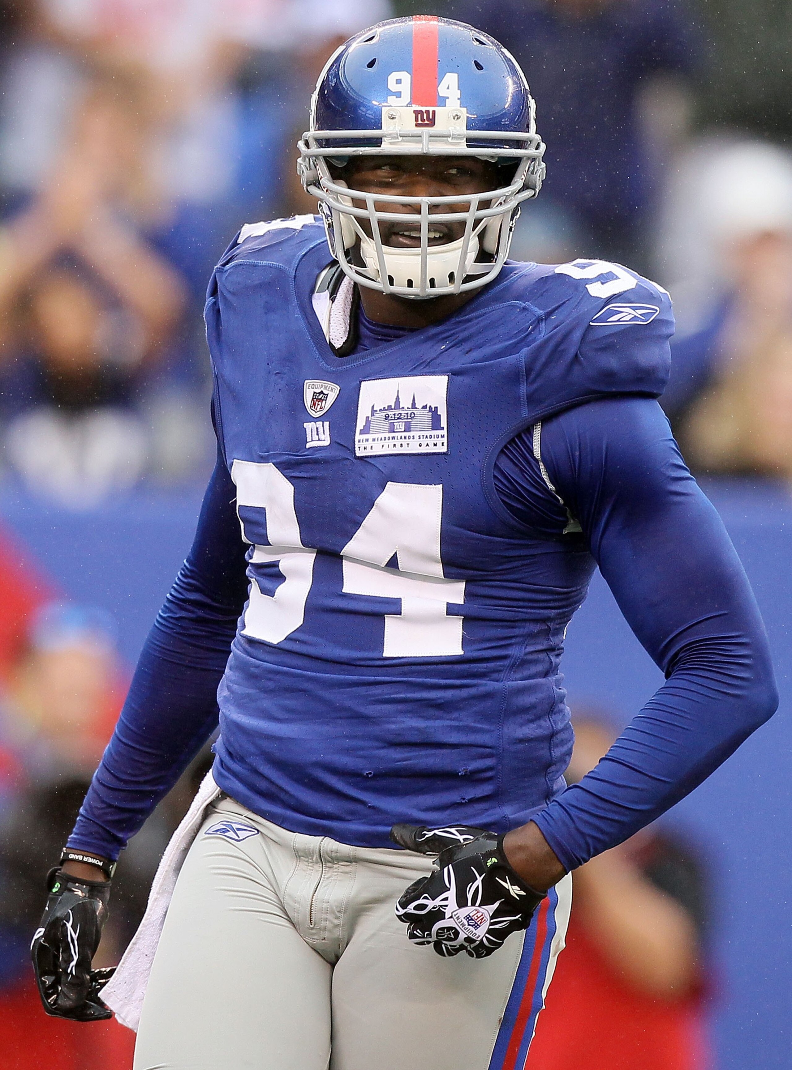 EAST RUTHERFORD, NJ - SEPTEMBER 12: Mathias Kiwanuka #94 of the New York Giants looks on against the Carolina Panthers on September 12, 2010 at the New Meadowlands Stadium in East Rutherford, New Jersey. The Giants defeated the Panthers 31-18. (Photo by EAST RUTHERFORD, NJ - SEPTEMBER 12: Mathias Kiwanuka #94 of the New York Giants looks on against the Carolina Panthers on September 12, 2010 at the New Meadowlands Stadium in East Rutherford, New Jersey. The Giants defeated the Panthers 31-18. (Photo by