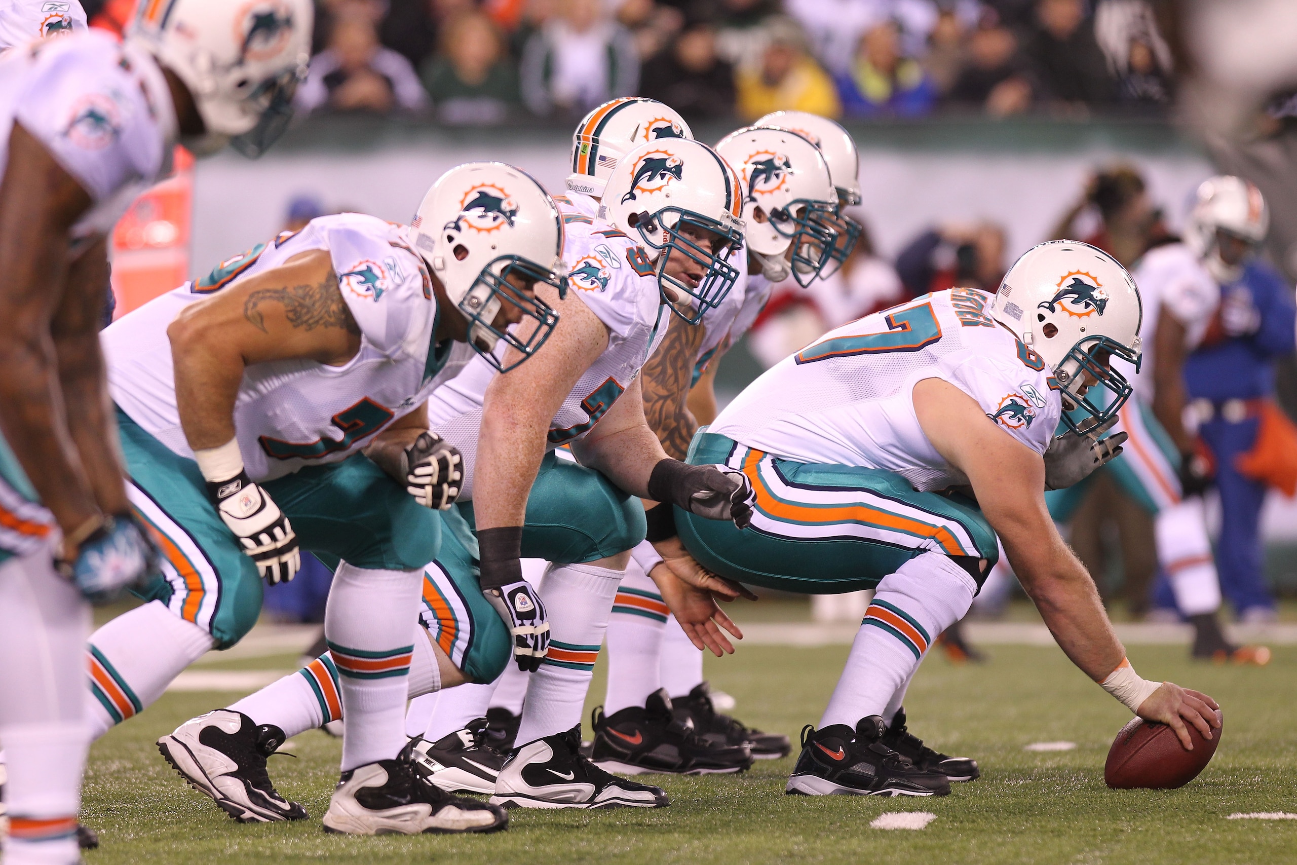EAST RUTHERFORD, NJ - DECEMBER 12:  The Miami Dolphins offensive line against the New York Jets at New Meadowlands Stadium on December 12, 2010 in East Rutherford, New Jersey.  (Photo by Nick Laham/Getty Images)