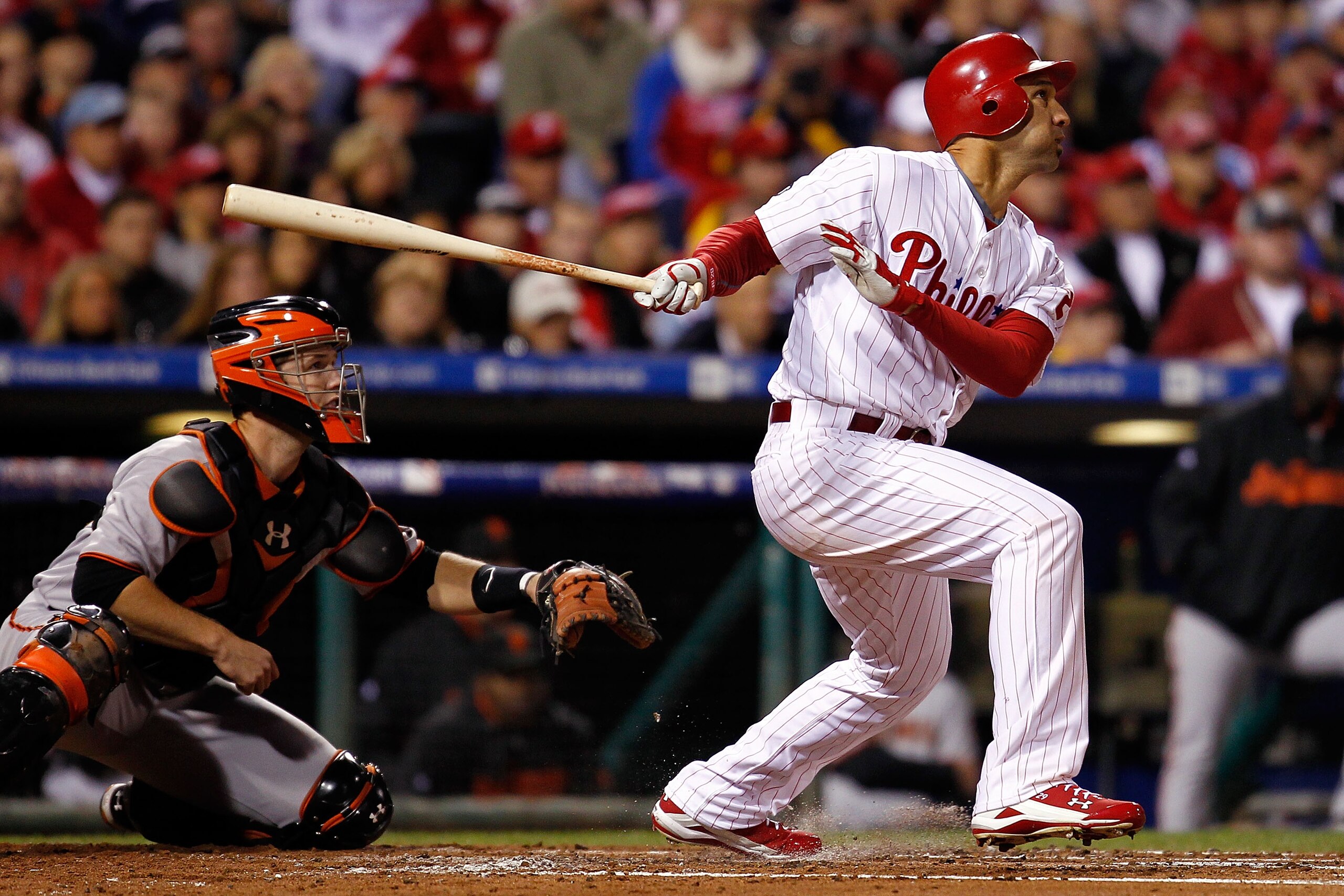 PHILADELPHIA - OCTOBER 16:  Raul Ibanez #29 of the Philadelphia Phillies at bat against the San Francisco Giants in Game One of the NLCS during the 2010 MLB Playoffs at Citizens Bank Park on October 16, 2010 in Philadelphia, Pennsylvania.  (Photo by Jeff