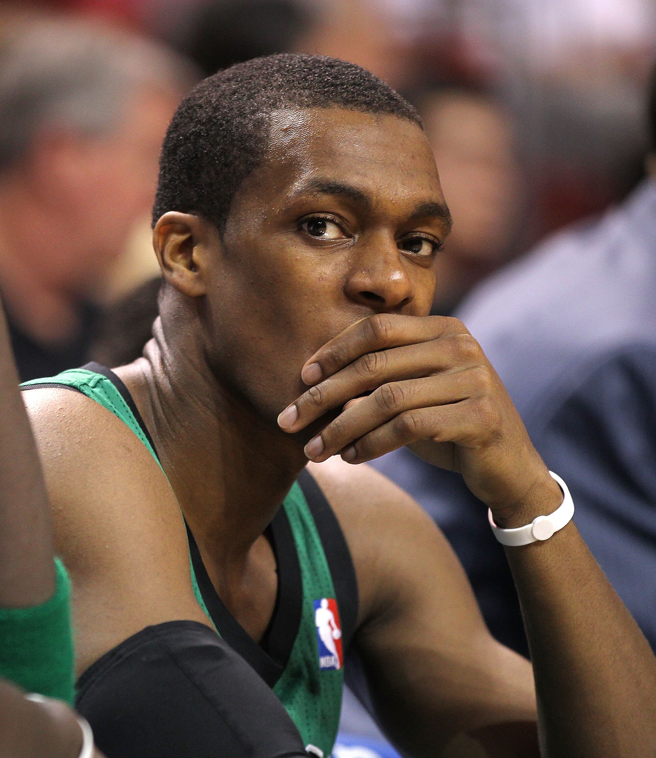 MIAMI, FL - APRIL 10:  Rajon Rondo #9  of the Boston Celtics looks on during a game against the Miami Heat  at American Airlines Arena on April 10, 2011 in Miami, Florida. NOTE TO USER: User expressly acknowledges and agrees that, by downloading and/or us
