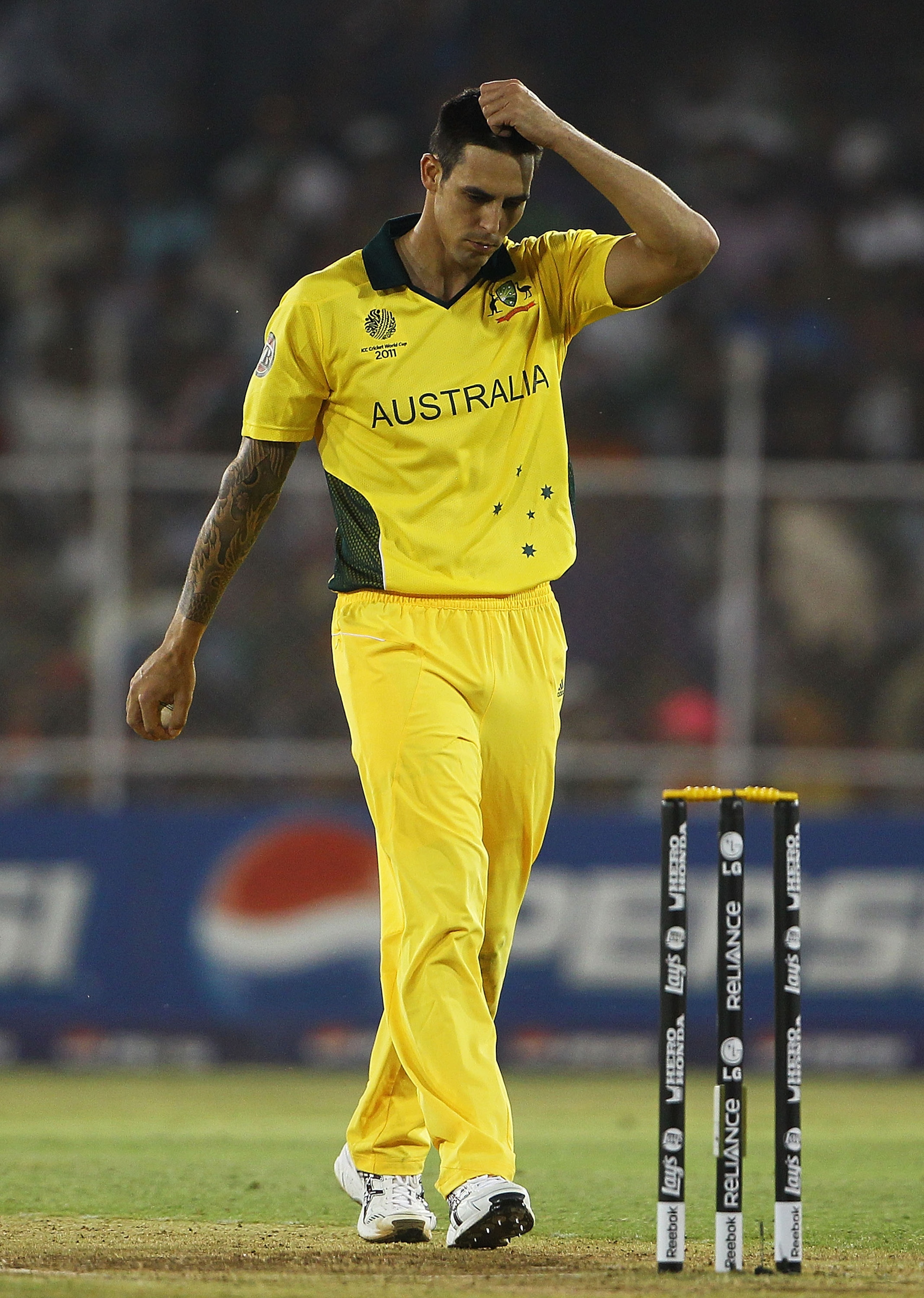 AHMEDABAD, INDIA - MARCH 24: Mitchell Johnson of Australia looks on during the 2011 ICC World Cup Quarter Final match between Australia and India at Sardar Patel Stadium on March 24, 2011 in Ahmedabad, India. (Photo by Matthew Lewis/Getty Images) AHMEDABAD, INDIA - MARCH 24: Mitchell Johnson of Australia looks on during the 2011 ICC World Cup Quarter Final match between Australia and India at Sardar Patel Stadium on March 24, 2011 in Ahmedabad, India. (Photo by Matthew Lewis/Getty Images)