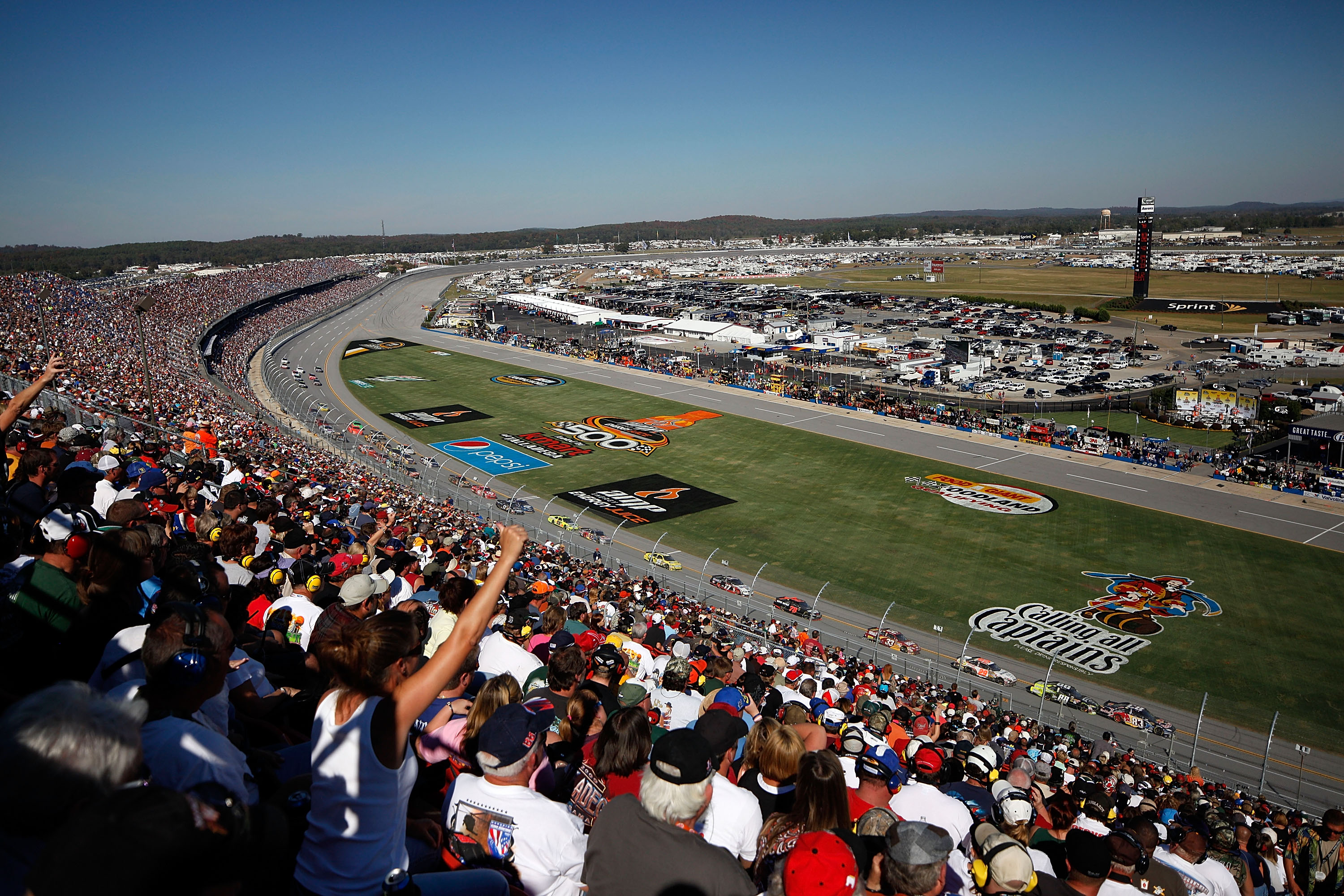 TALLADEGA, AL - OCTOBER 31:  A general view of cars racing during the NASCAR Sprint Cup Series AMP Energy Juice 500 at Talladega Superspeedway on October 31, 2010 in Talladega, Alabama.  (Photo by Chris Graythen/Getty Images)