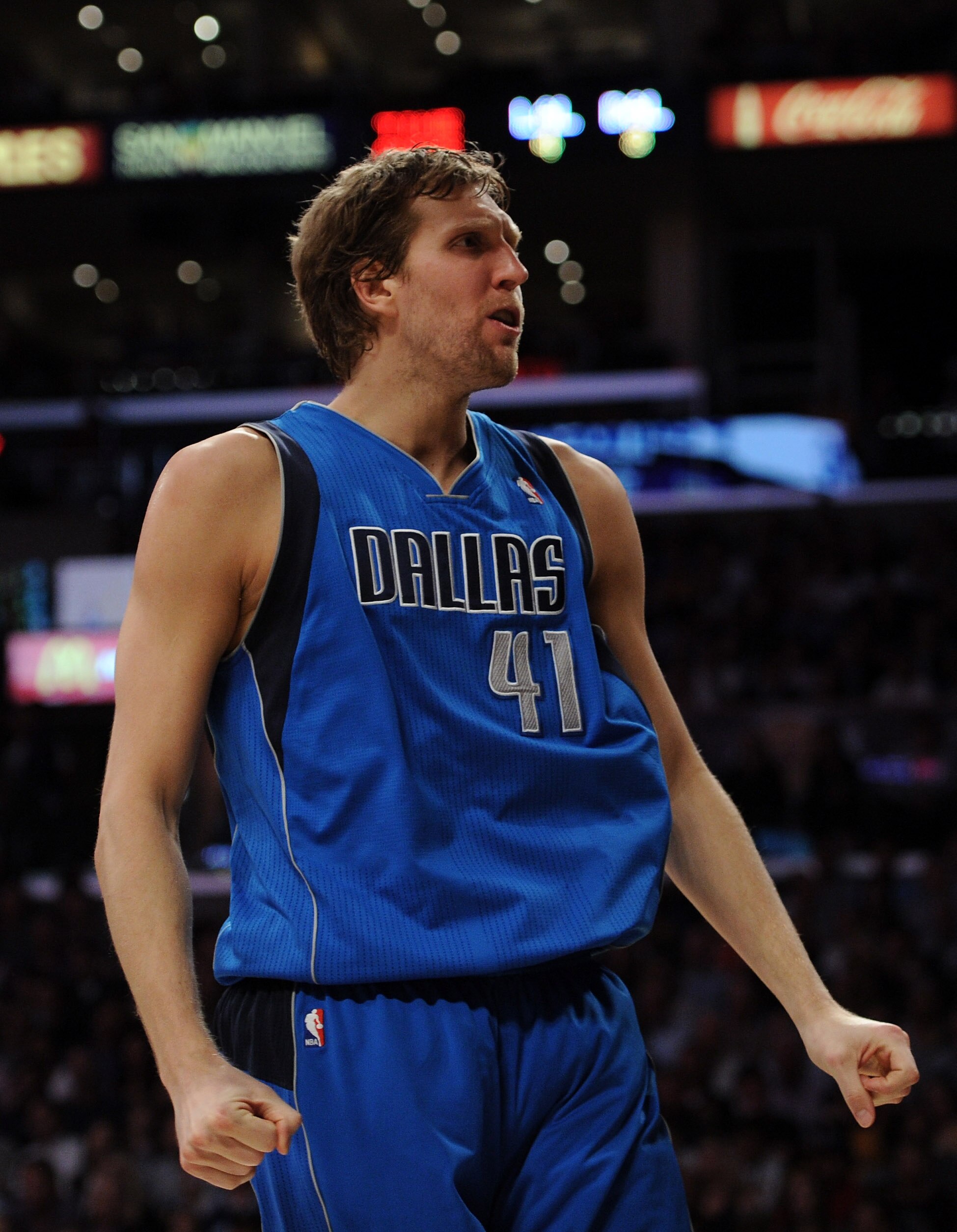 LOS ANGELES, CA - MARCH 31:  Dirk Nowitzki #41 of the Dallas Mavericks reacts to his basket against the Los Angeles Lakers at Staples Center on March 31, 2011 in Los Angeles, California.  NOTE TO USER: User expressly acknowledges and agrees that, by downl