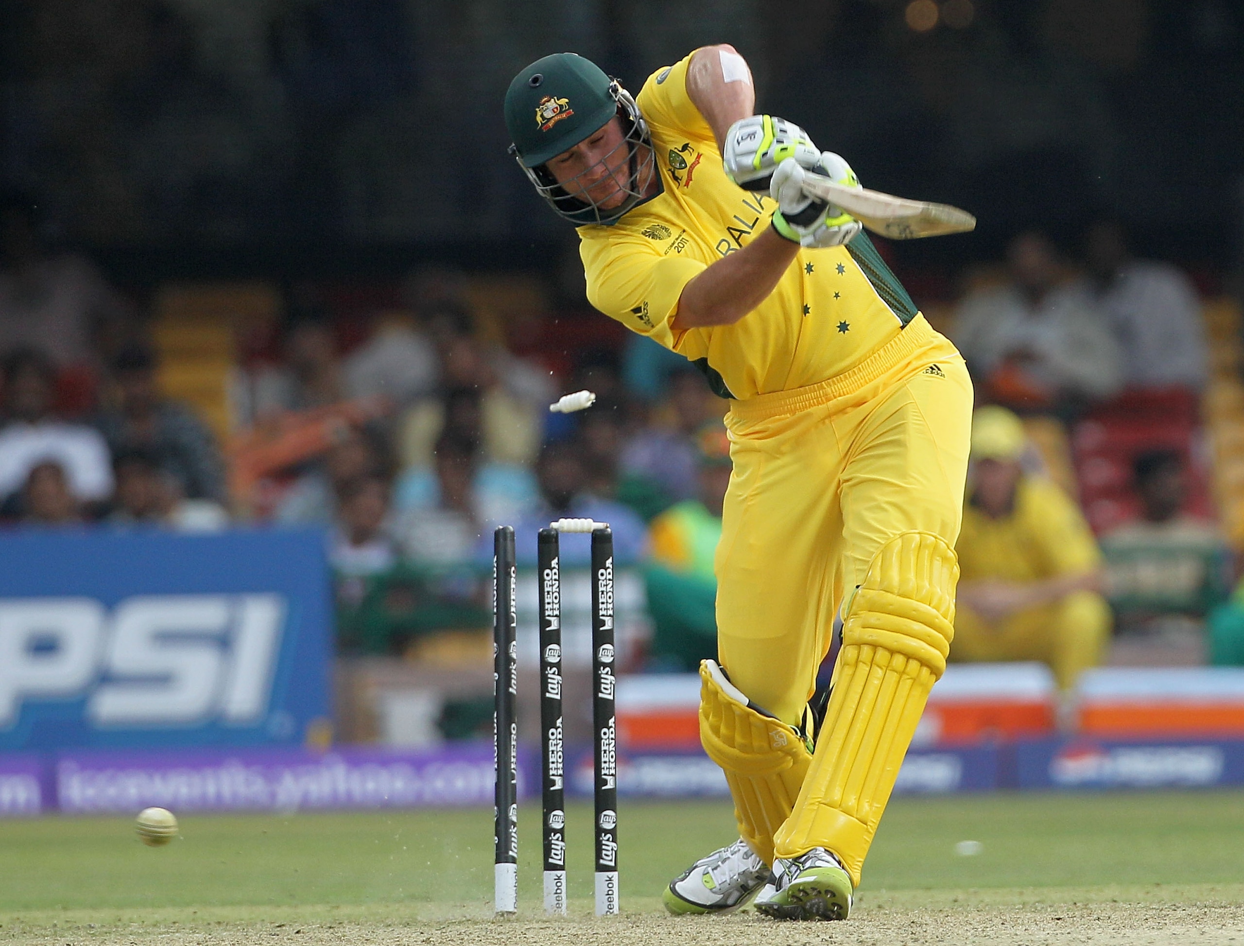 BANGALORE, INDIA - FEBRUARY 15: John Hastings of Australia is bowled by Dale Steyn of South Africa during the 2011 ICC World Cup warm up game between South Africa and Australia at the M. Chinnaswamy Stadium on February 15, 2011 in Bangalore, India. (Pho BANGALORE, INDIA - FEBRUARY 15: John Hastings of Australia is bowled by Dale Steyn of South Africa during the 2011 ICC World Cup warm up game between South Africa and Australia at the M. Chinnaswamy Stadium on February 15, 2011 in Bangalore, India. (Pho