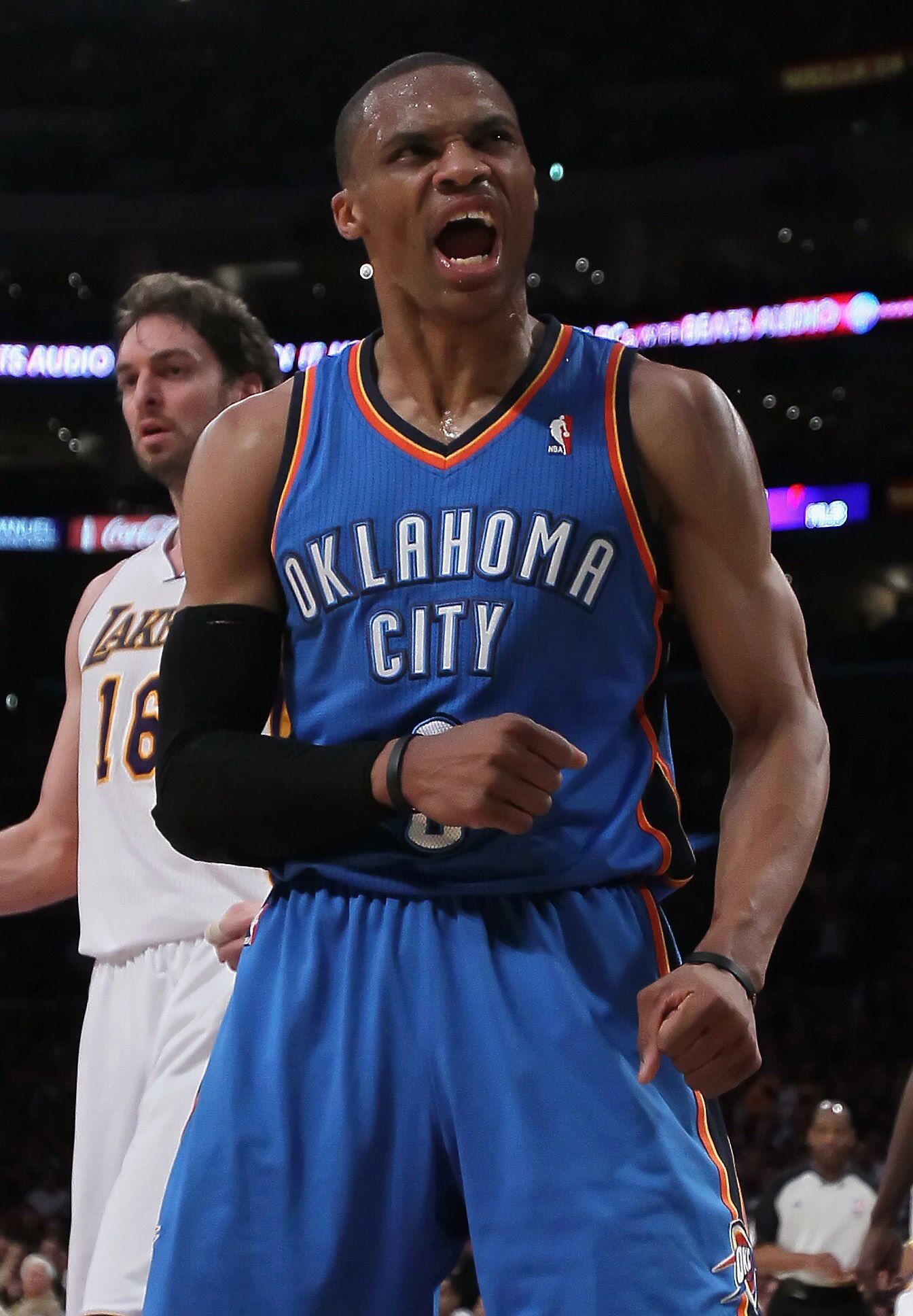 LOS ANGELES, CA - APRIL 10:  Russell Westbrook #0 of the Oklahoma City Thunder reacts after being called for a foul in the first half against the Los Angeles Lakers at Staples Center on April 10, 2011 in Los Angeles, California. The Thunder defeated the L
