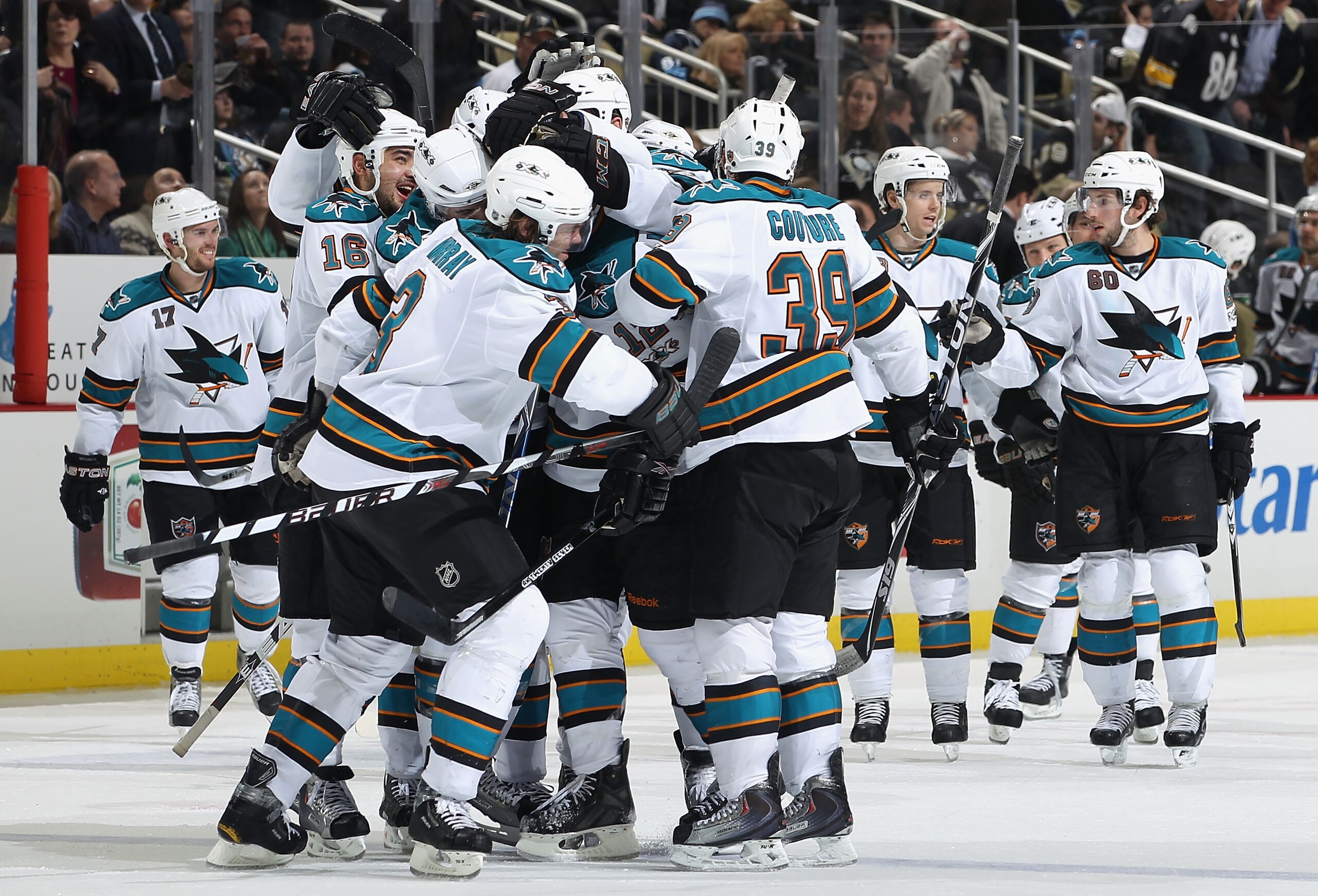 PITTSBURGH, PA - FEBRUARY 23: The San Jose Sharks celebrate around Patrick Marleau #12 after Marleau scored the game winning goal against the Pittsburgh Penguins during overtime of the NHL game at Consol Energy Center on February 23, 2011 in Pittsburgh, PITTSBURGH, PA - FEBRUARY 23: The San Jose Sharks celebrate around Patrick Marleau #12 after Marleau scored the game winning goal against the Pittsburgh Penguins during overtime of the NHL game at Consol Energy Center on February 23, 2011 in Pittsburgh,