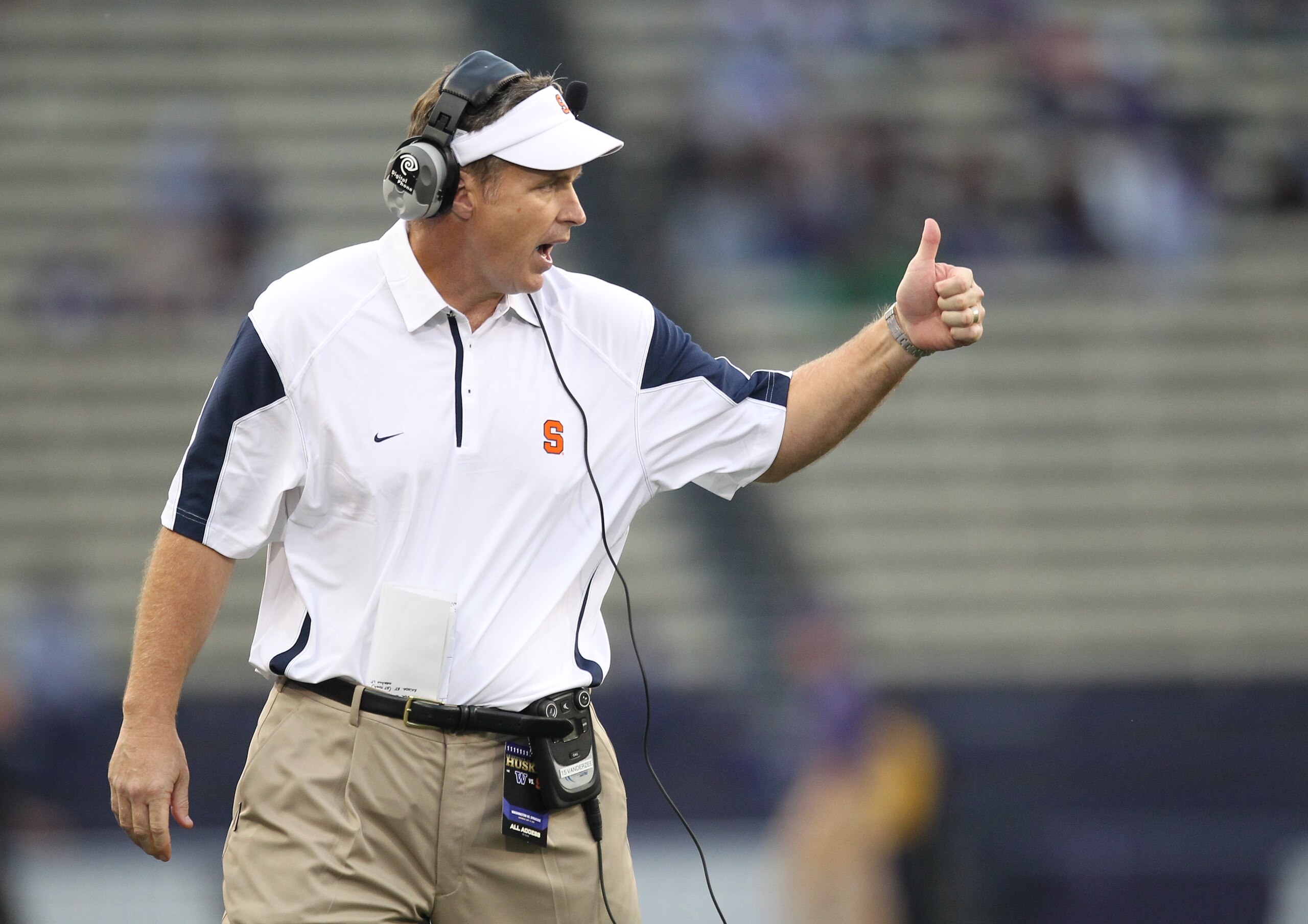 SEATTLE - SEPTEMBER 11:  Head coach Doug Marrone of the Syracuse Orange gestures during the game against the Washington Huskies on September 11, 2010 at Husky Stadium in Seattle, Washington. (Photo by Otto Greule Jr/Getty Images)