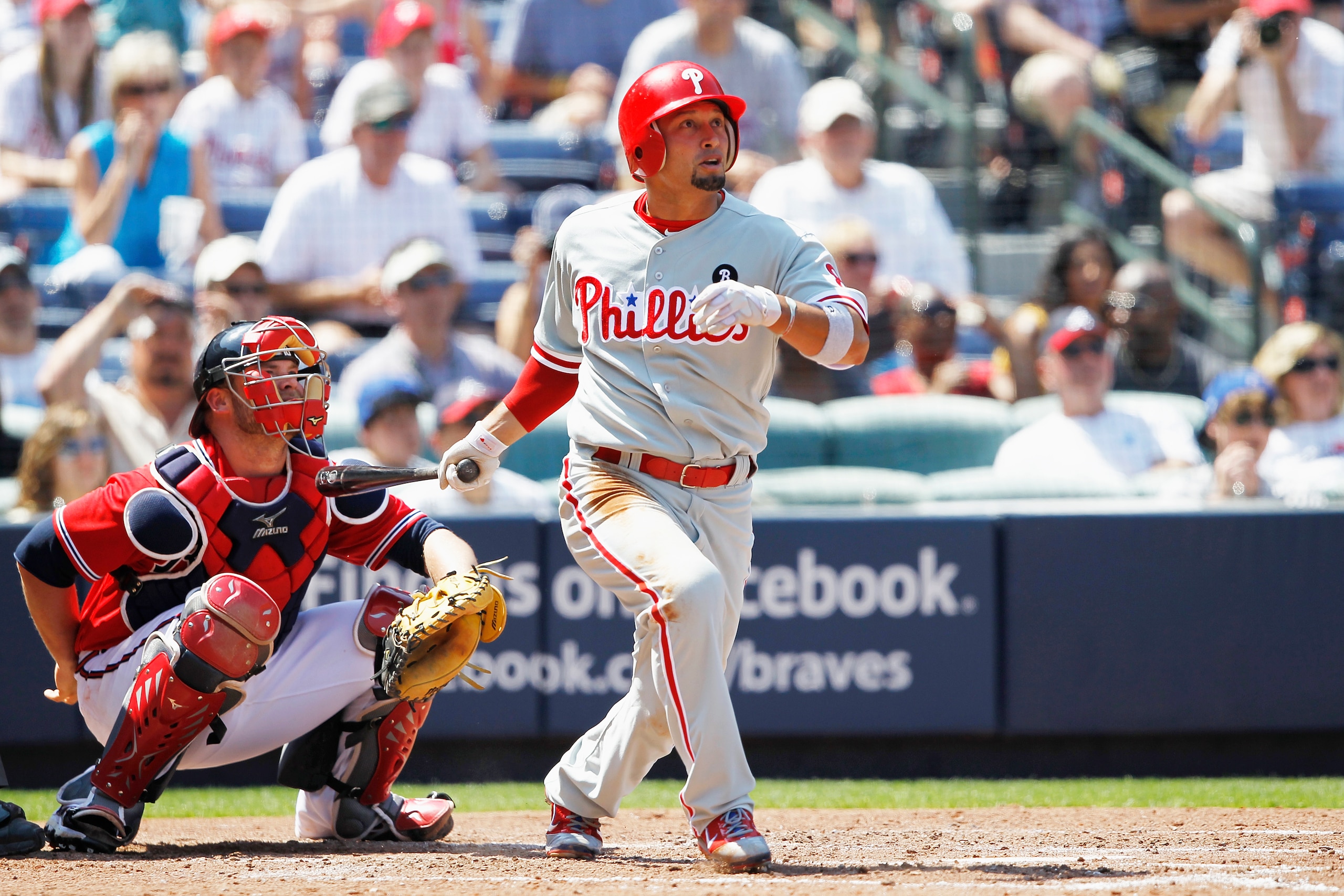 ATLANTA, GA - APRIL 10: Shane Victorino #8 of the Philadelphia Phillies follows through on a solo home run in the 6th inning against the Atlanta Braves at Turner Field on April 10, 2011 in Atlanta, Georgia. The Phillies won 3-0. (Photo by Joe Robbins/Gett
