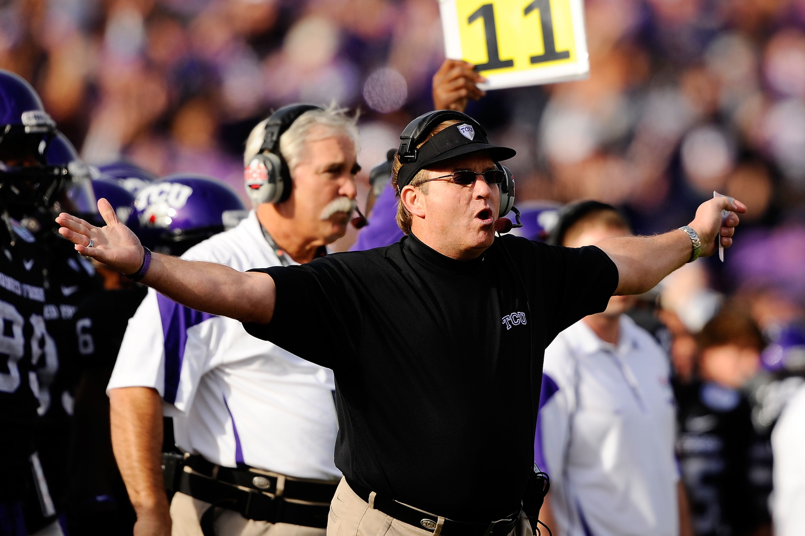 PASADENA, CA - JANUARY 01:  Head coach Gary Patterson of the TCU Horned Frogs stands on the sidelines against the Wisconsin Badgers during the 97th Rose Bowl game on January 1, 2011 in Pasadena, California.  (Photo by Kevork Djansezian/Getty Images)