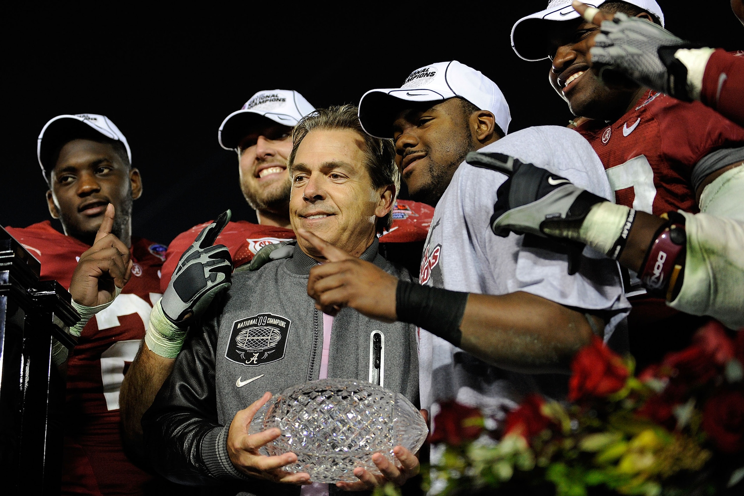PASADENA, CA - JANUARY 07:  Head coach Nick Saban and the Alabama Crimson Tide celebrate with the BCS Championship trophy after winning the Citi BCS National Championship game over the Texas Longhorns at the Rose Bowl on January 7, 2010 in Pasadena, Calif