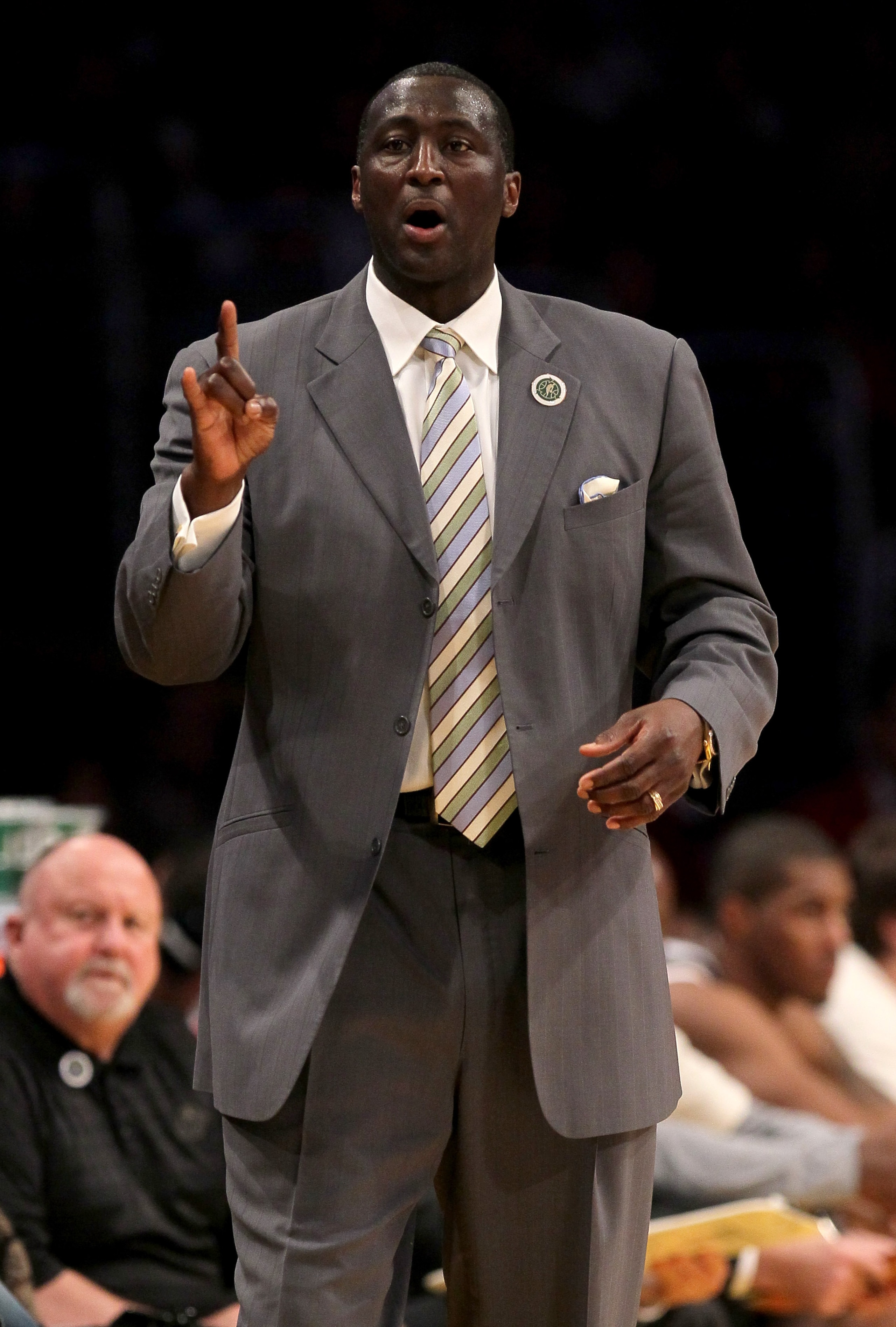 LOS ANGELES, CA - APRIL 5:  Head coach Tyrone Corbin of the Utah Jazz makes a point to an official in the game with the Los Angeles Lakers at Staples Center on April 5, 2011 in Los Angeles, California. The Jazz won 86-85.  NOTE TO USER: User expressly ack