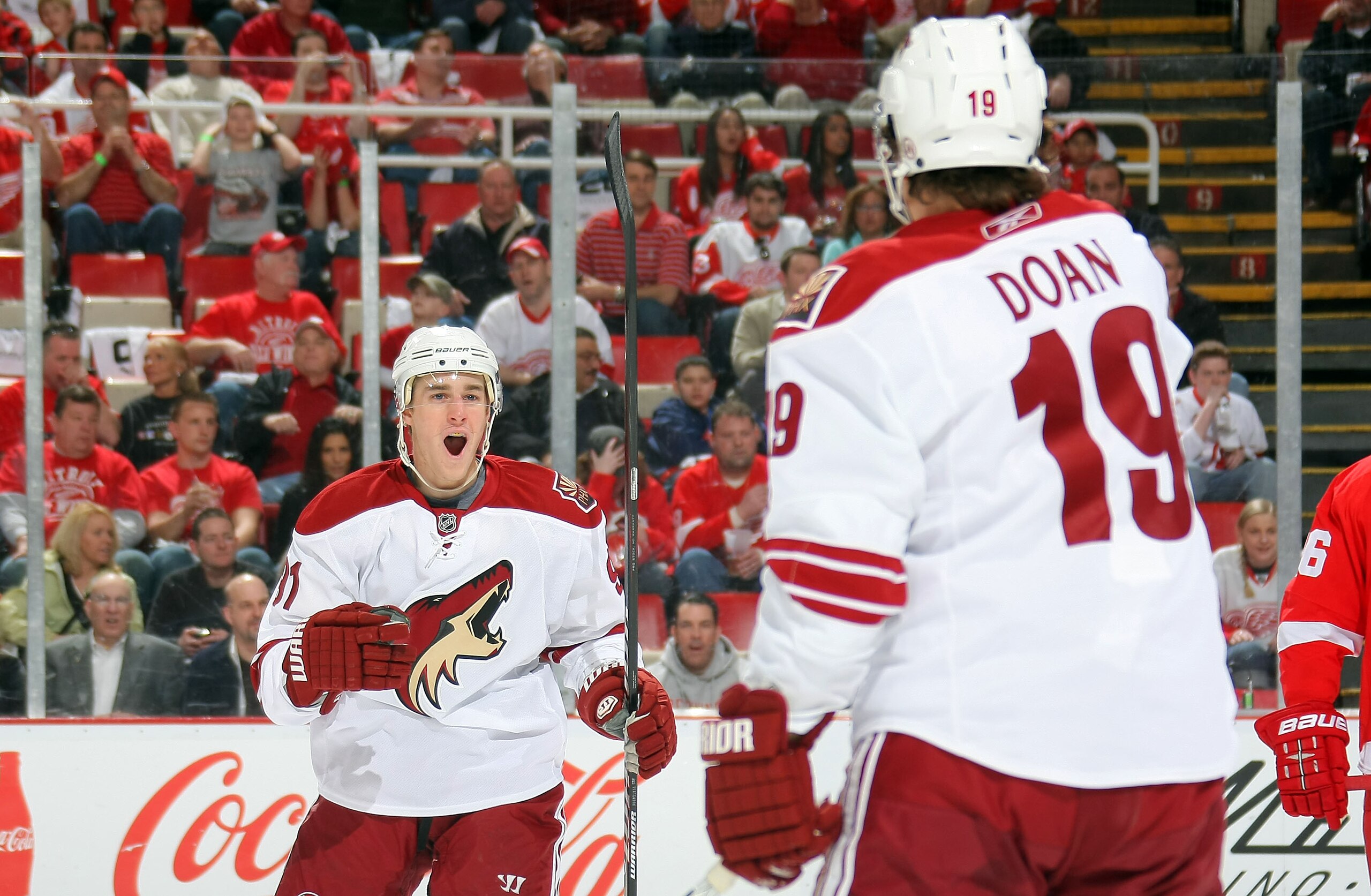 DETROIT, MI - APRIL 13: Kyle Turris #91 of the Phoenix Coyotes celebrates his first period goal with teammate Shane Doan #19 as theyplay the Detroit Red Wings in Game One of the Western Conference Quarterfinals during the 2011 NHL Stanley Cup Playoffs at DETROIT, MI - APRIL 13: Kyle Turris #91 of the Phoenix Coyotes celebrates his first period goal with teammate Shane Doan #19 as theyplay the Detroit Red Wings in Game One of the Western Conference Quarterfinals during the 2011 NHL Stanley Cup Playoffs at
