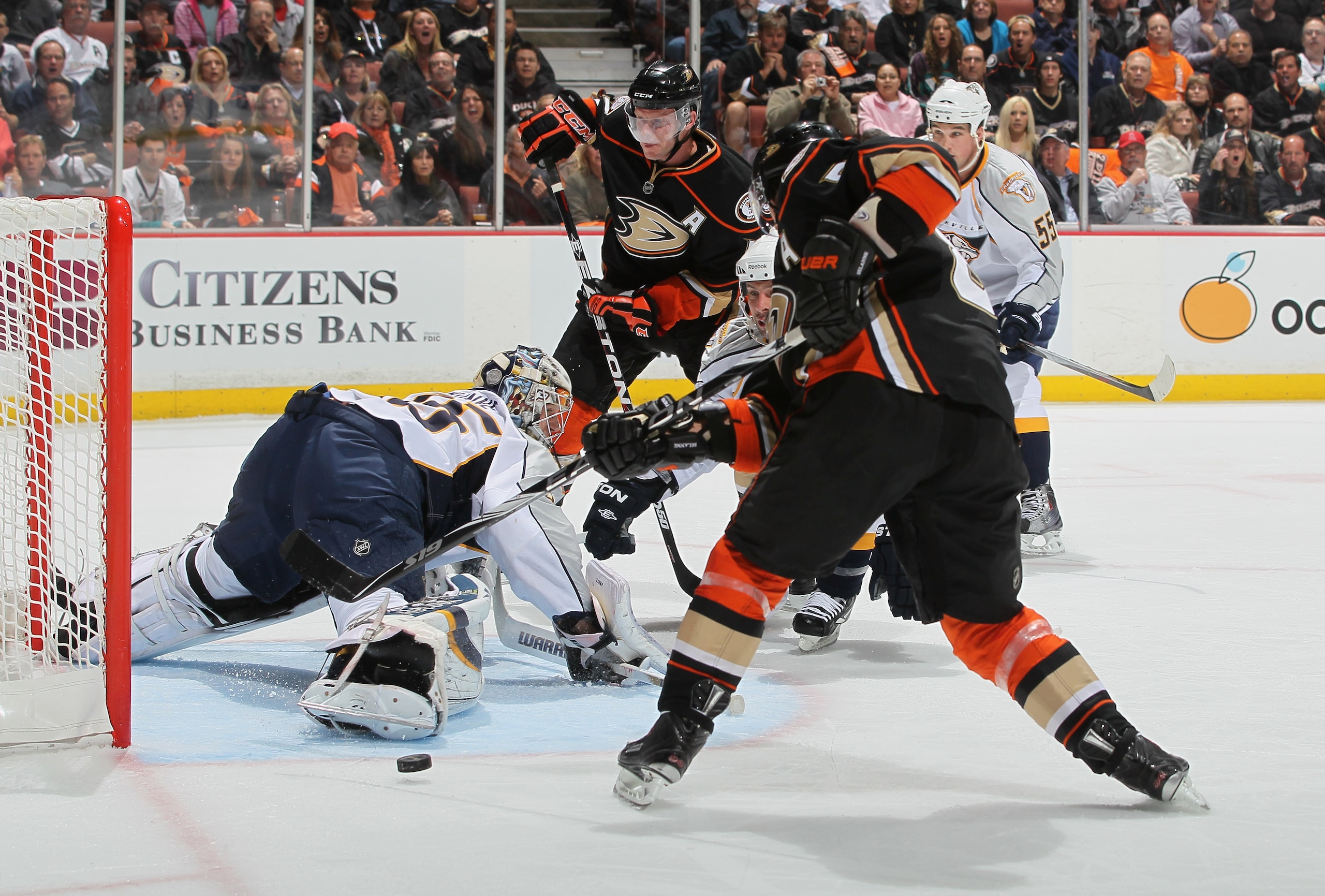 ANAHEIM, CA - APRIL 13: Goaltender Pekka Rinne #35 of the Nashville Predators makes a save on a shot by Teemu Selanne #8 of the Anaheim Ducks in the first period of Game One of the Western Conference Quarterfinals during the 2011 NHL Stanley Cup Playoff ANAHEIM, CA - APRIL 13: Goaltender Pekka Rinne #35 of the Nashville Predators makes a save on a shot by Teemu Selanne #8 of the Anaheim Ducks in the first period of Game One of the Western Conference Quarterfinals during the 2011 NHL Stanley Cup Playoff