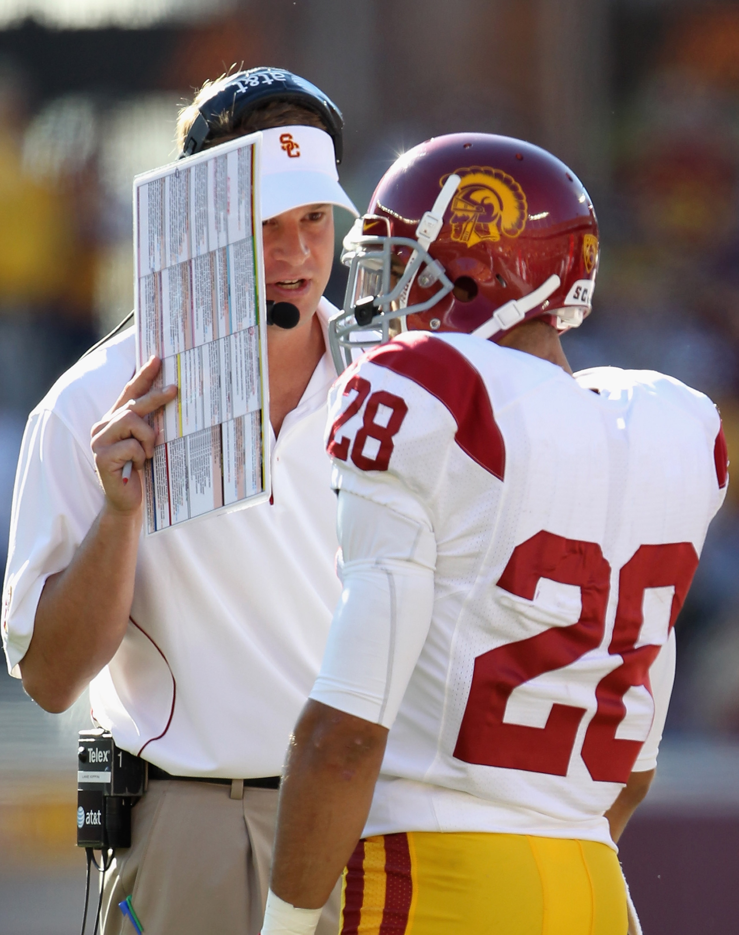 MINNEAPOLIS - SEPTEMBER 18: Head coach Lane Kiffin of the USC Trojans confers with Dillon Baxter #28 during the game against the Minnesota Golden Gophers on September 18, 2010 at TCF Bank Stadium in Minneapolis, Minnesota. (Photo by Jamie Squire/Getty I MINNEAPOLIS - SEPTEMBER 18: Head coach Lane Kiffin of the USC Trojans confers with Dillon Baxter #28 during the game against the Minnesota Golden Gophers on September 18, 2010 at TCF Bank Stadium in Minneapolis, Minnesota. (Photo by Jamie Squire/Getty I