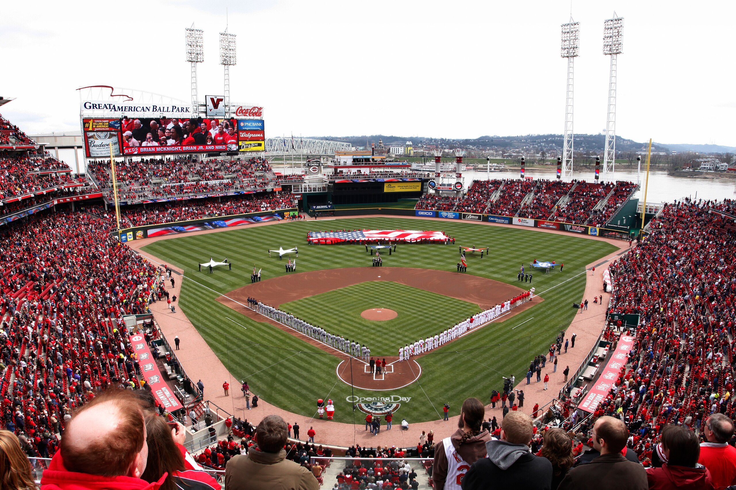 CINCINNATI, OH - MARCH 31: General view during the National Anthem prior to the opening day game between the Cincinnati Reds and the Milwaukee Brewers at Great American Ballpark on March 31, 2011 in Cincinnati, Ohio. (Photo by Joe Robbins/Getty Images)