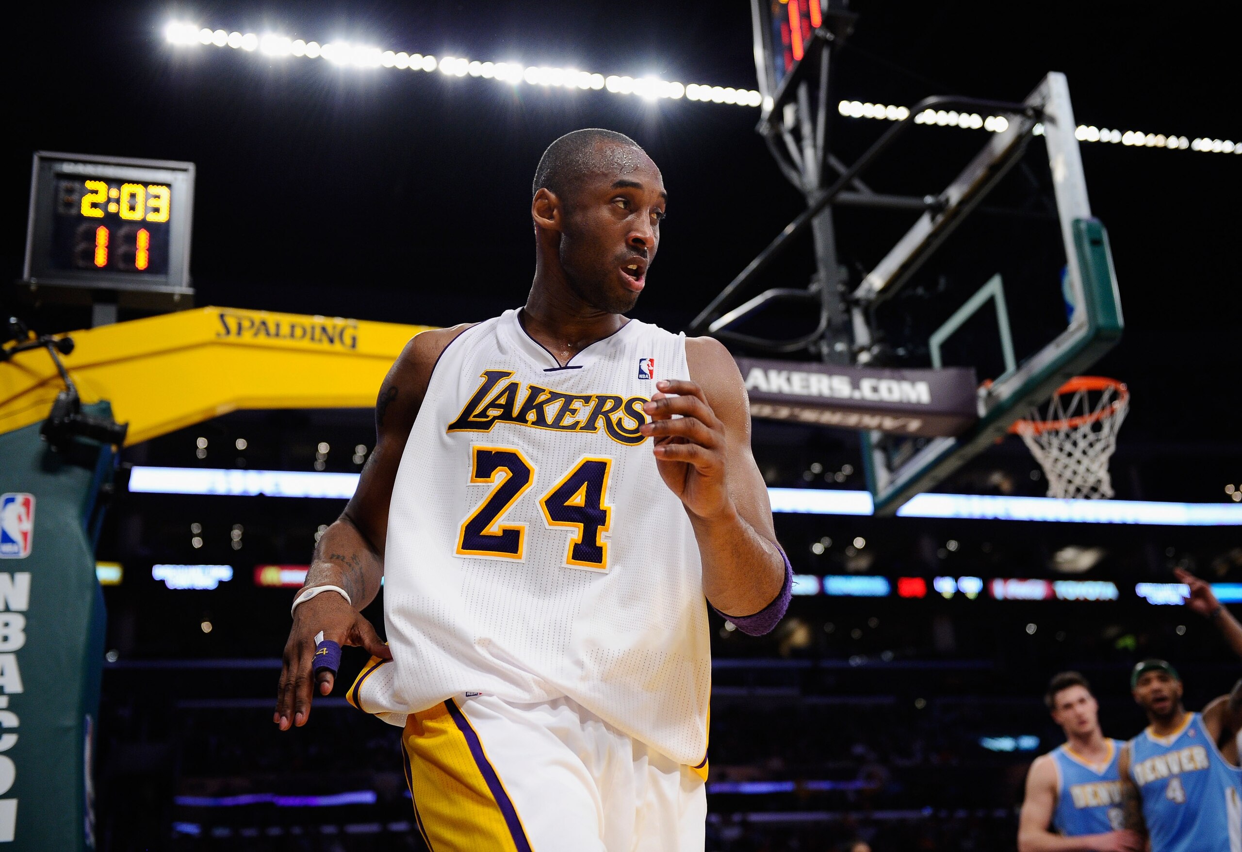 LOS ANGELES, CA - APRIL 03:  Kobe Bryant #24 of the Los Angeles Lakers reacts during the game against the Denver Nuggets  at Staples Center on April 3, 2011 in Los Angeles, California. NOTE TO USER: User expressly acknowledges and agrees that, by download