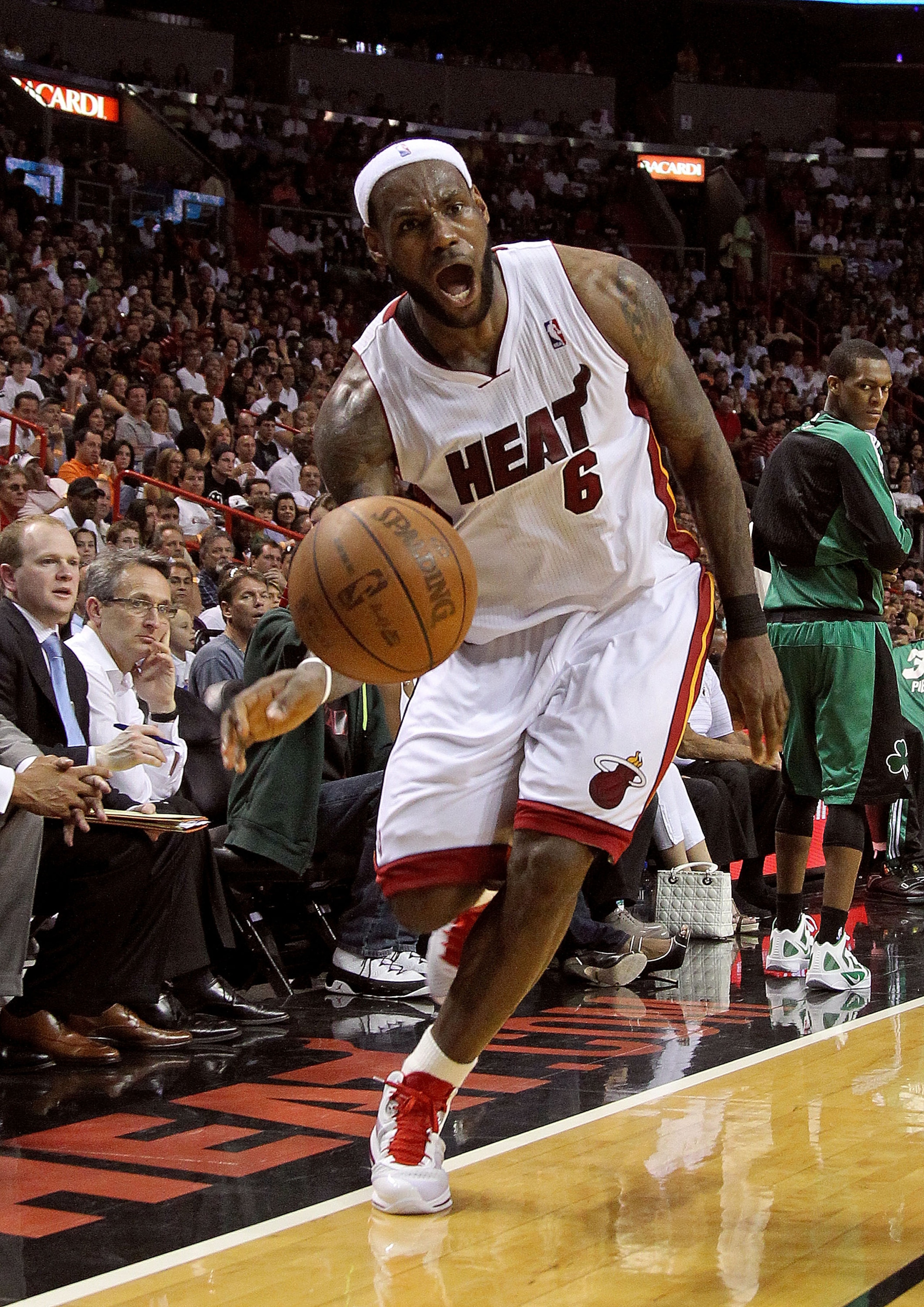 MIAMI, FL - APRIL 10:  LeBron James #6 of the Miami Heat looks to pass during a game against the Boston Celtics at American Airlines Arena on April 10, 2011 in Miami, Florida. NOTE TO USER: User expressly acknowledges and agrees that, by downloading and/o