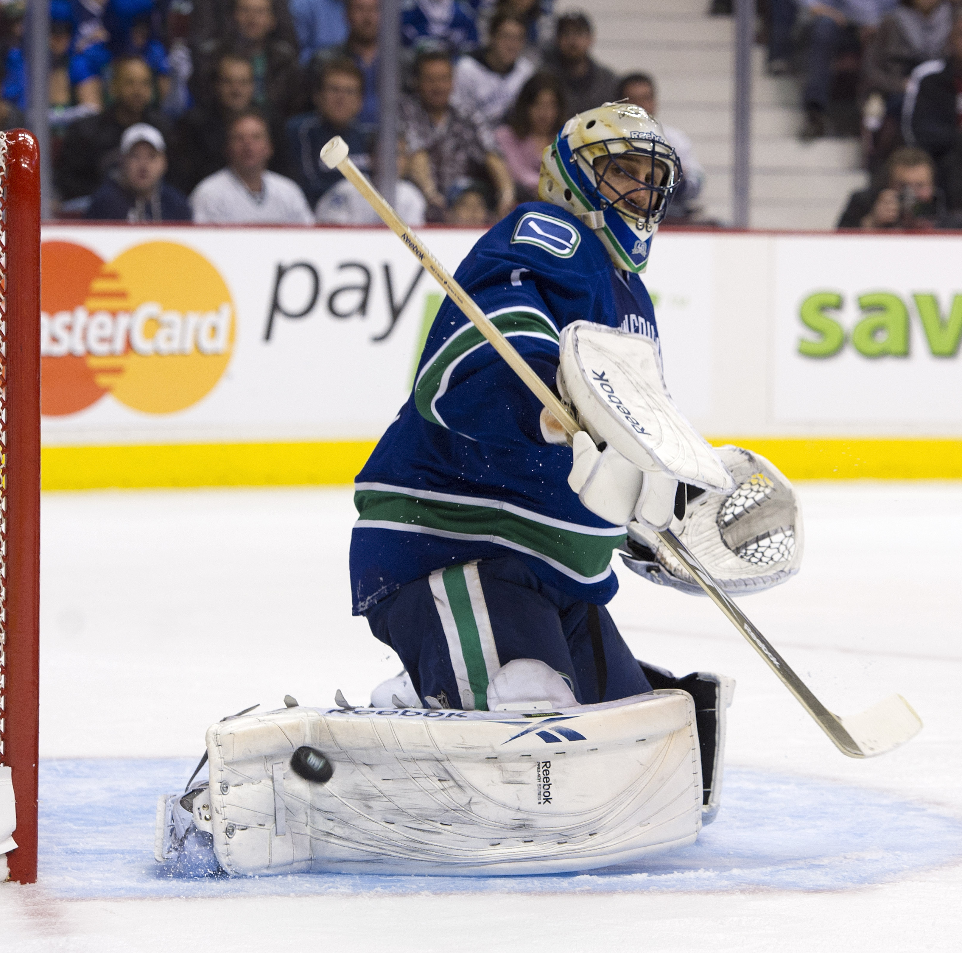 VANCOUVER, CANADA - APRIL 13: Goalie Roberto Luongo #1of the Vancouver Canucks makes a save during the second period in Game One of the Western Conference Quarterfinals during the 2011 NHL Stanley Cup Playoffs on April 13, 2011 at Rogers Arena in Vancouve
