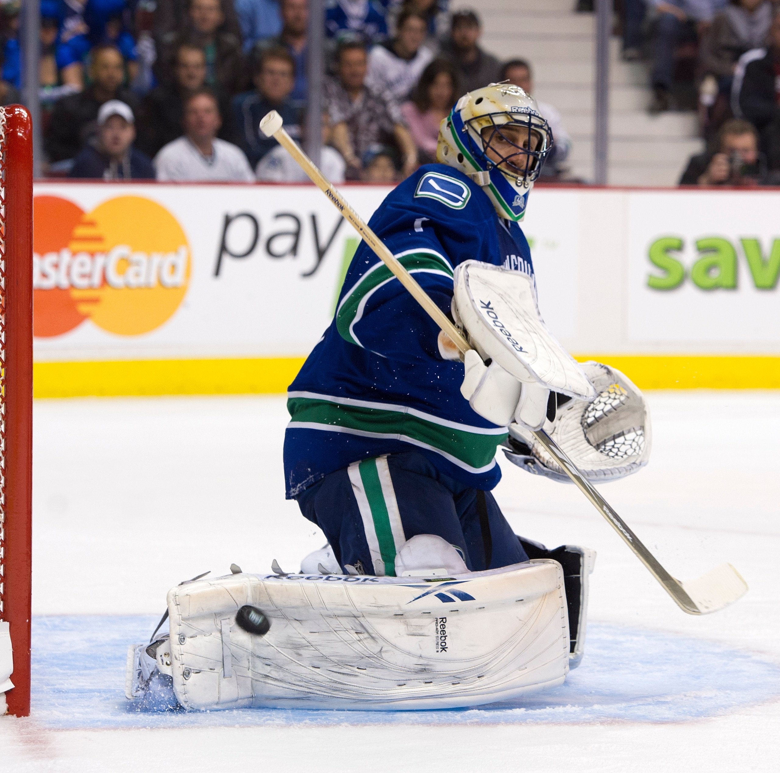 VANCOUVER, CANADA - APRIL 13: Goalie Roberto Luongo #1of the Vancouver Canucks makes a save during the second period in Game One of the Western Conference Quarterfinals during the 2011 NHL Stanley Cup Playoffs on April 13, 2011 at Rogers Arena in Vancouve